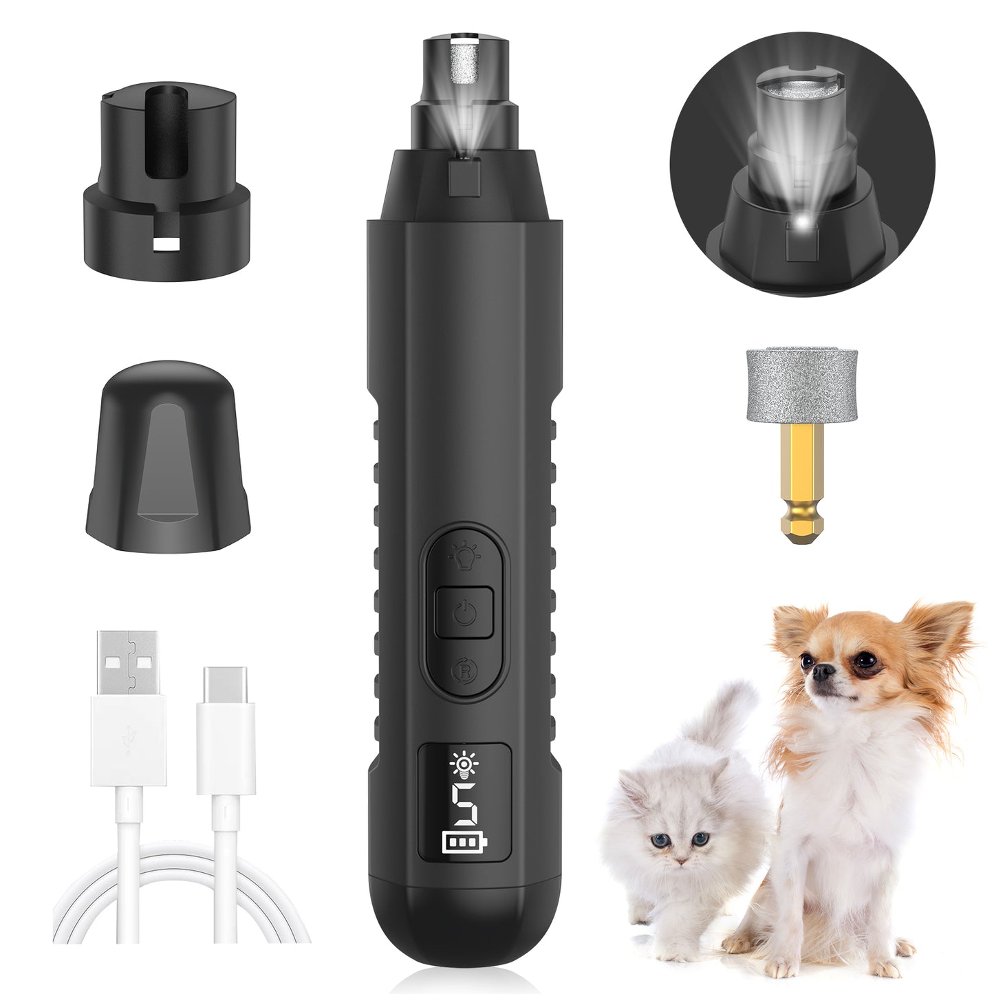 HUTACT Pet Nail Grinder for Dogs Cats, Dog Nail Grinder 5 Speeds w/ LED Light 1200mAh Rechargeable Trimmer Nail Grooming Clipper