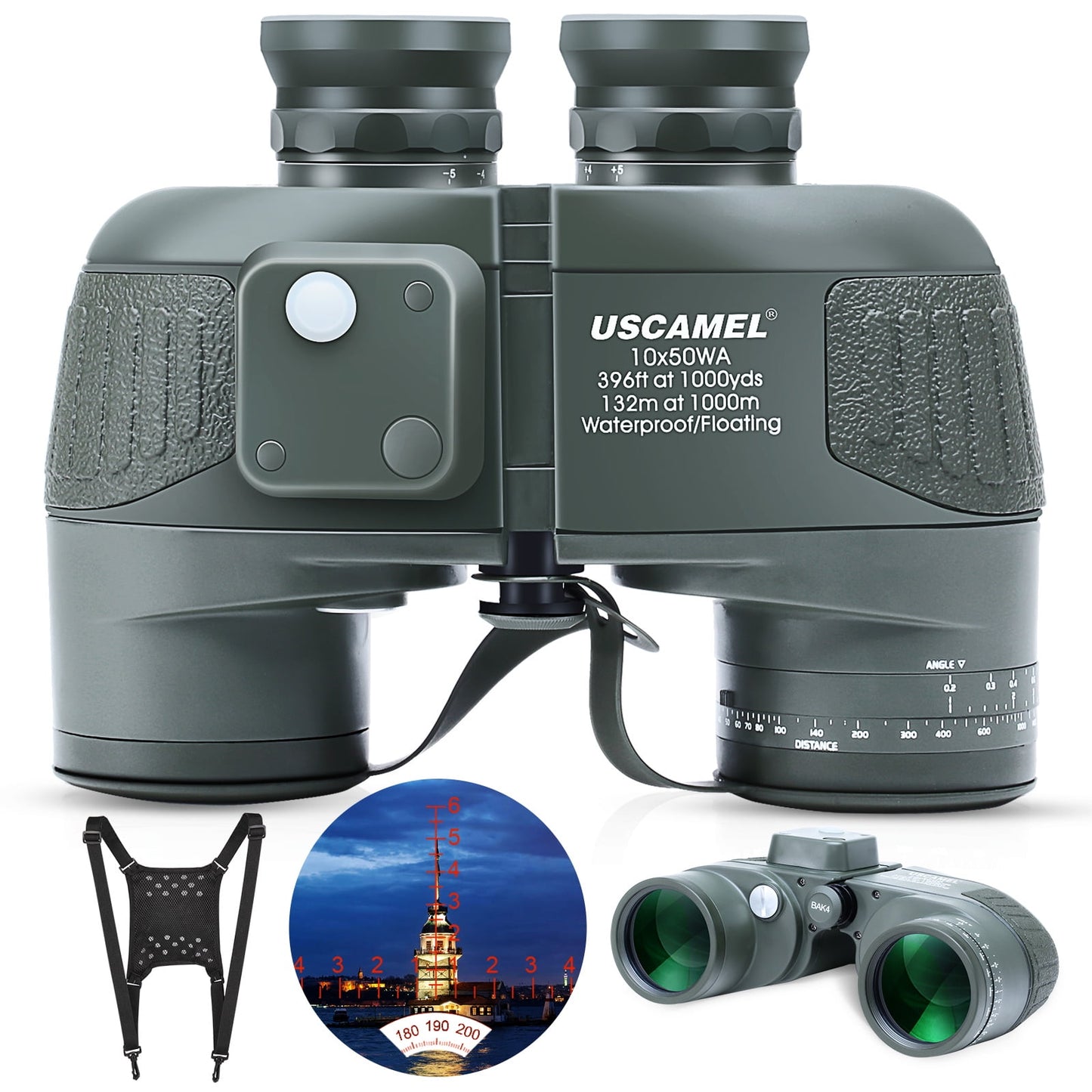 USCAMEL 10X50 Marine Binoculars for Adults, Binoculars with Low Light Vision Rangefinder Compass, BAK4 Waterproof Military Binoculars for Boating Hunting, Gift for Him