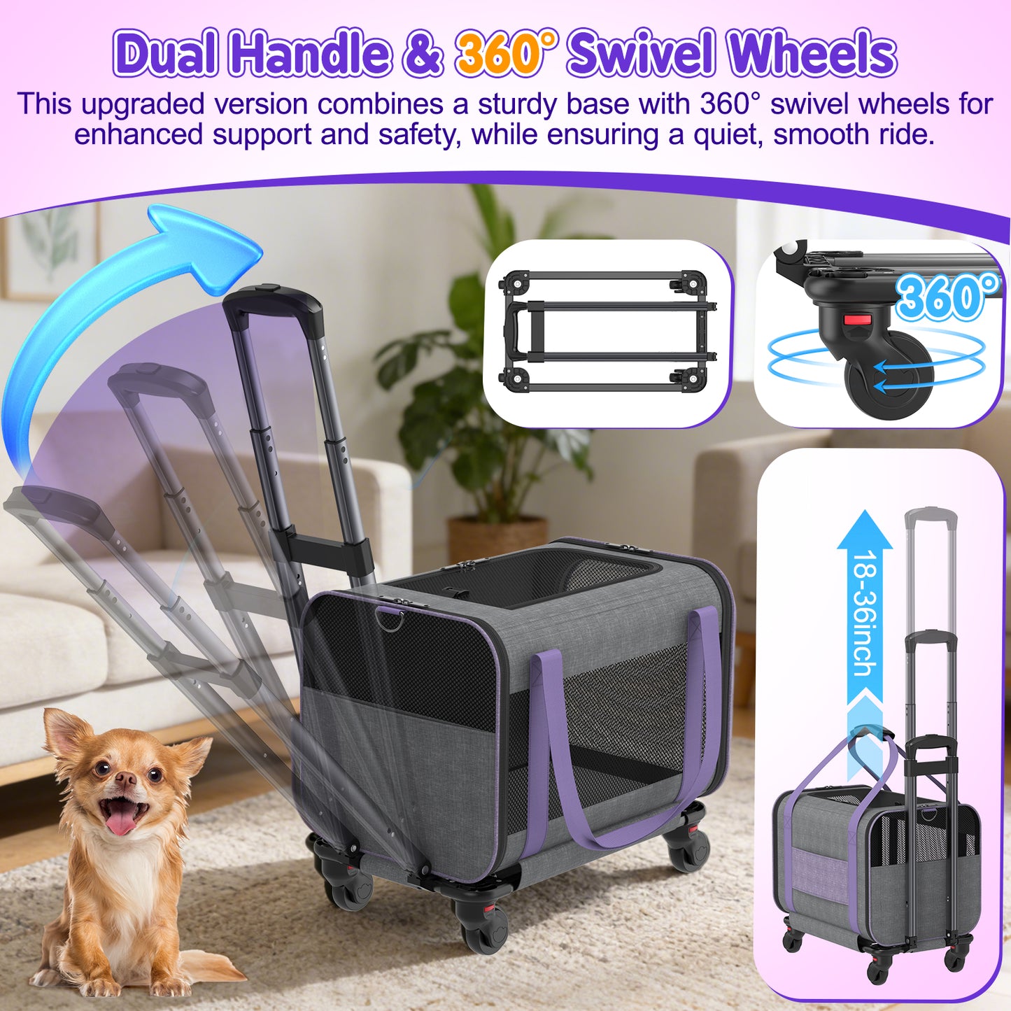 Hutact Rolling Cat Carrier with Wheels, Purple Pet Travel Trolley for Cats & Small Dogs, Airline Approved Cat Carrier Bag with Telescopic Handle for Outdoor Use