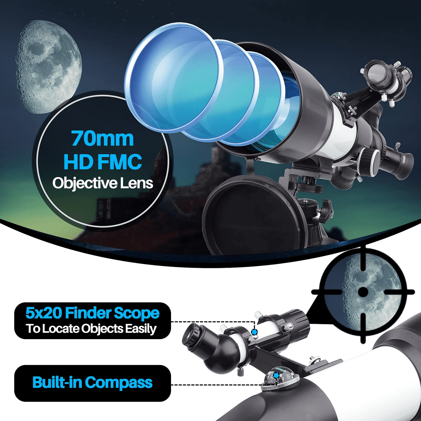 USCAMEL Telescope for Adults with 3 Rotatable Eyepieces, 70mm Aperture 400mm Telescope, 16x-133x Beginners Astronomy Refractor Telescope for Moon Viewing w/Barlow Lens