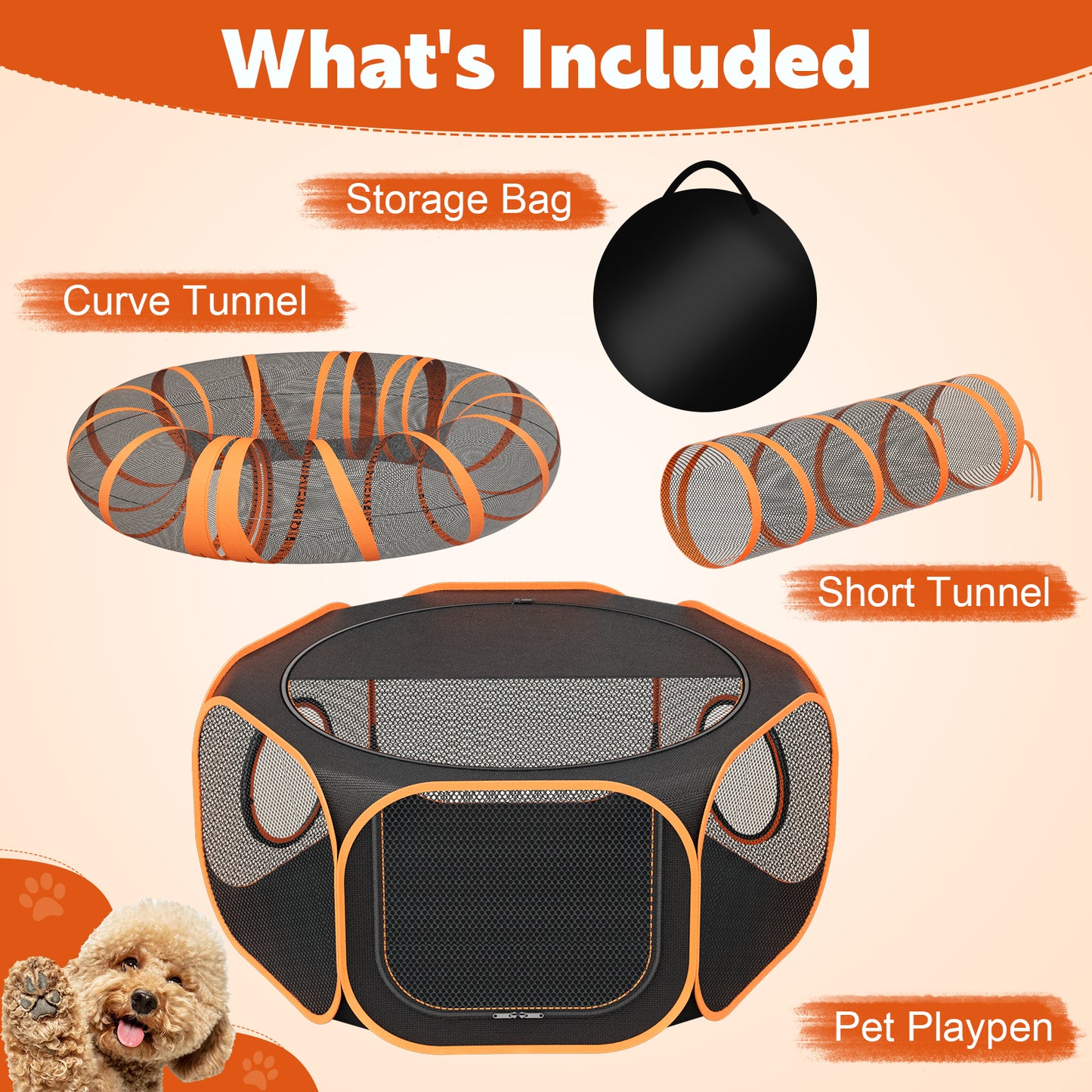 HUTACT Pet Playpen with Tunnel for Cats and Small Dogs 47" Portable Exercise Tent, Rabbit Playpen Foldable Indoor Outdoor Travel Use, Come with Carrying Case