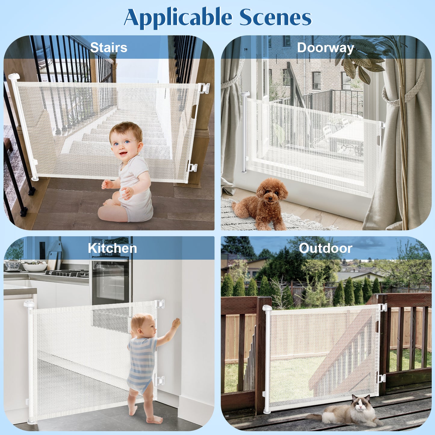 Baby Gate for Stair Doorway Retractable Dog Gate Mesh Indoor Outdoor Up to 55" Wide, 33" Tall,Safety Pet Gate for Deck (Drilling& No-Drilling)-White