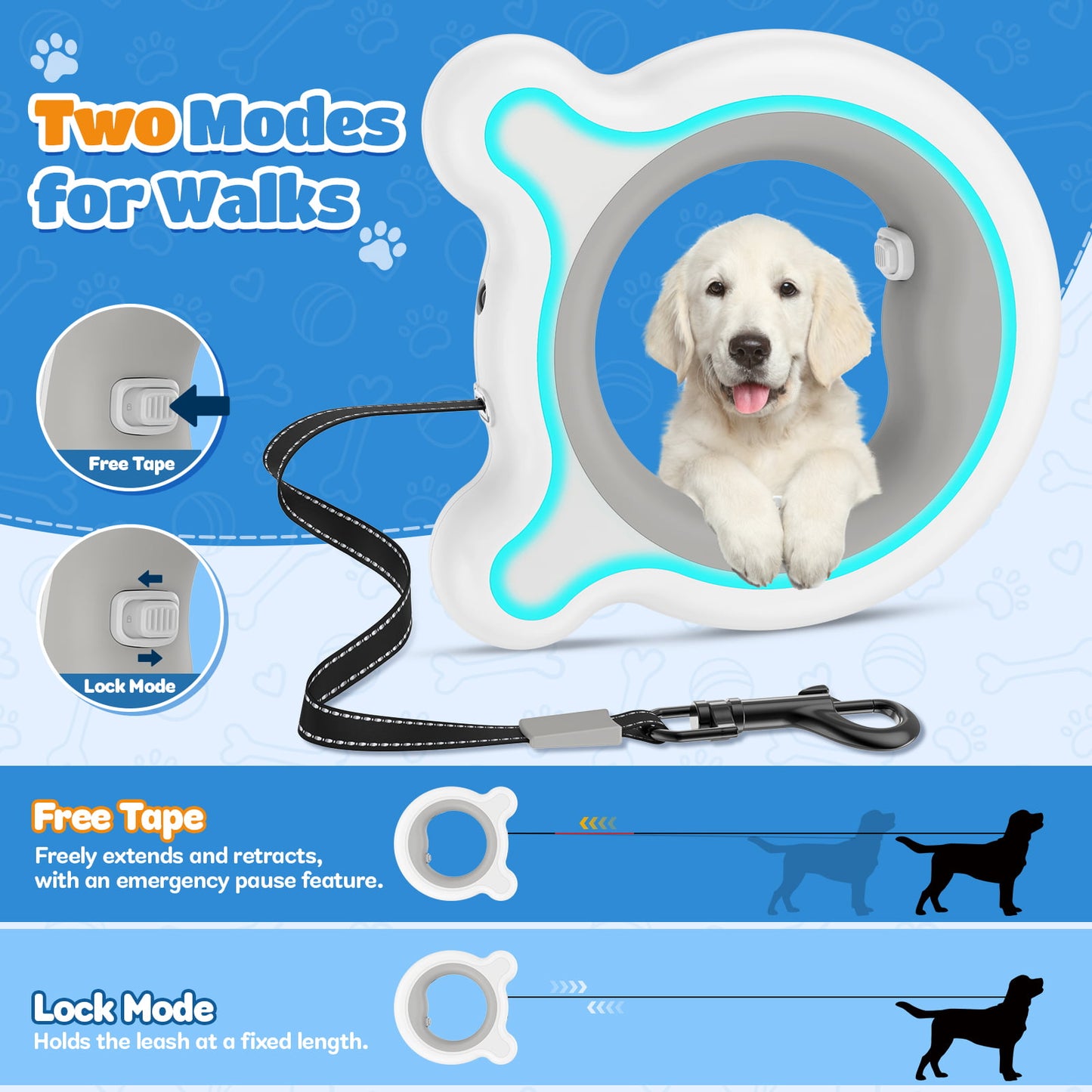 HUTACT Upgrade Retractable Dog Leash with LED Light for Night Walks, Safe 9.84ft Heavy Duty Dog Leash with Hand Free Handle, Tangle-Free for Dog up to 66lbs