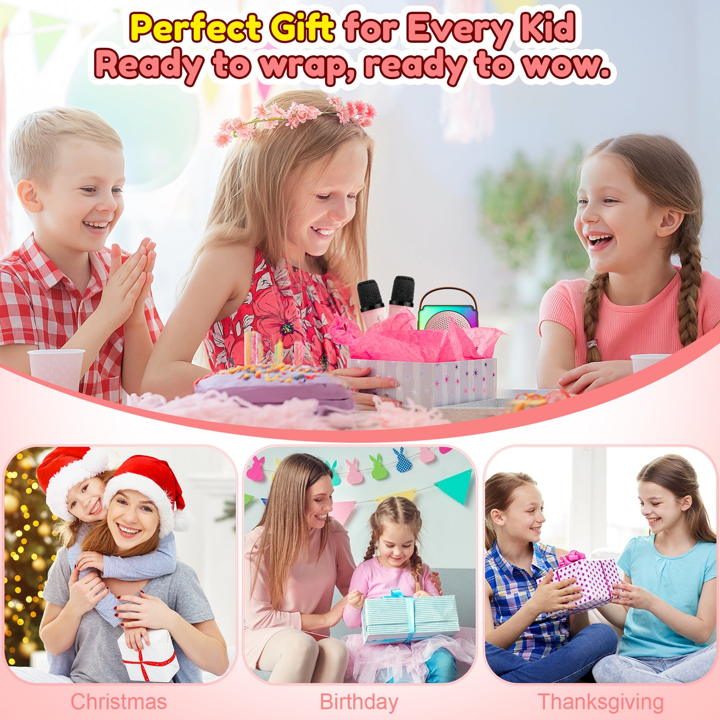 Upgraded Mini Karaoke Machine for Kids, Portable Bluetooth Speaker with 2 Microphones, 1200mAh Wireless Kids Karaoke Birthday Gift for Girls Boys, Pink