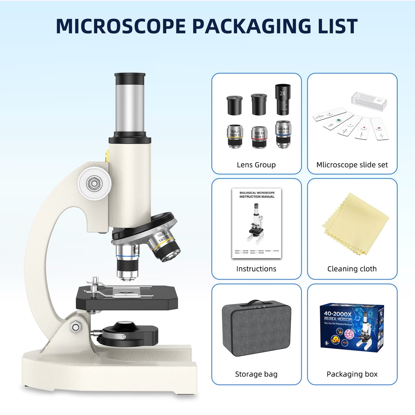 USCAMEL Microscope Set for Beginner, Kids Microscope 2000x Compound Microscope for Students Adults w/Prepared Slides