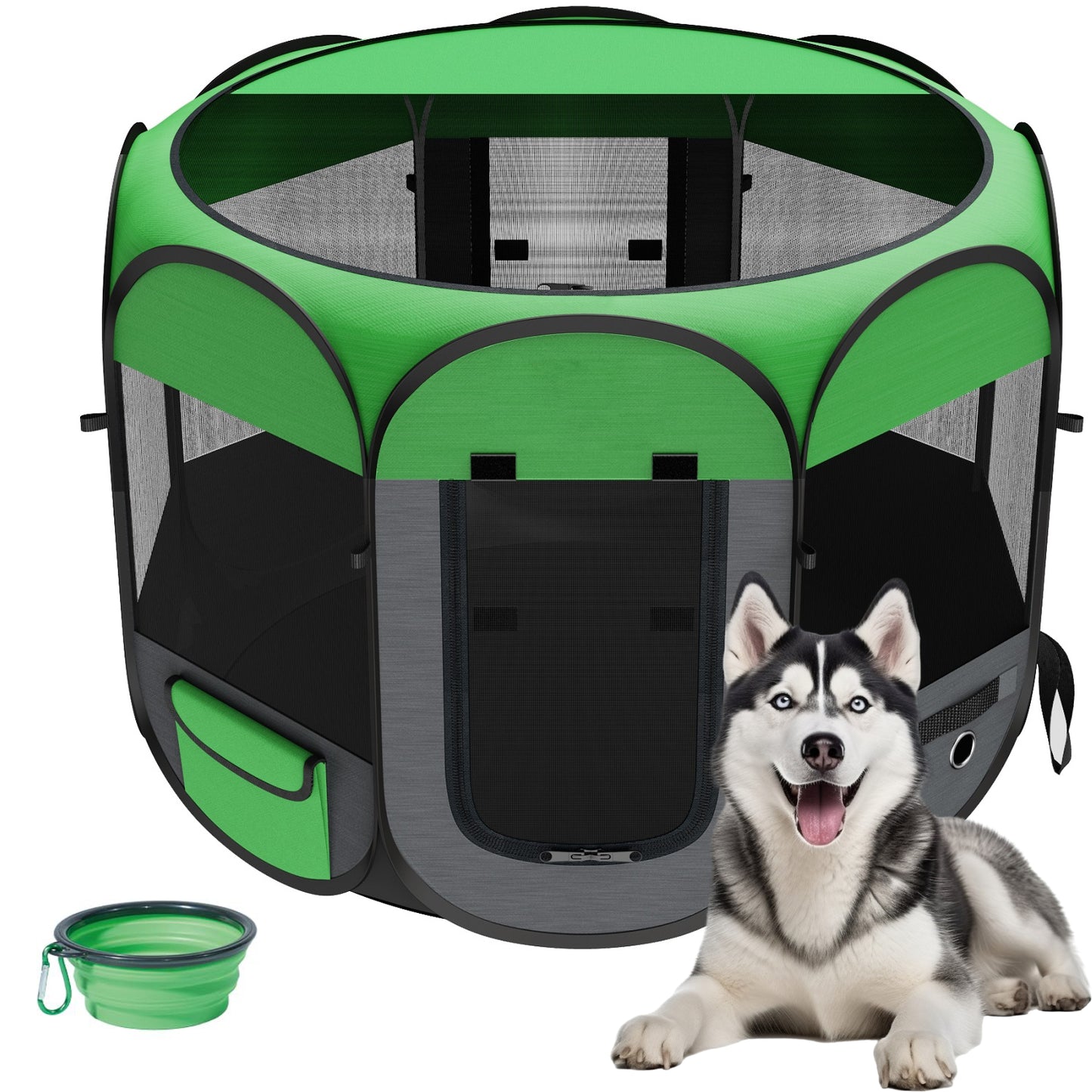 USCAMEL Dog Foldable Playpen Indoor Outdoors, No Assembly Required Pop-up Tent Pet Tent with Bowl & Side Pockets, Detachable Top & Waterproof Bottom