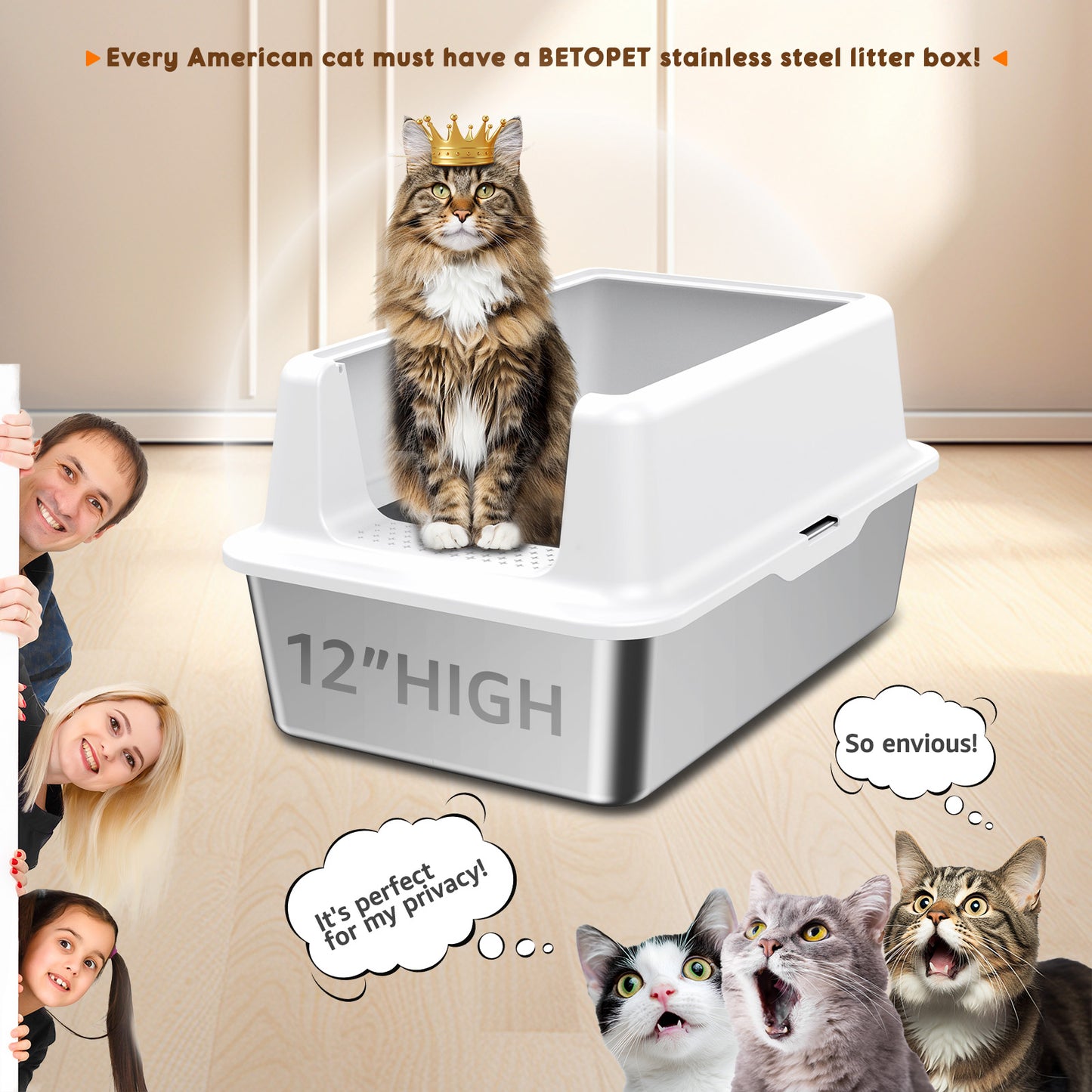 HUTACT Large Cat Litter Box with Litter Mat, Stainless Steel XL Litter Box for Large Cats, High-Sided Metal Litter Pan Tray with Scoop Non-Stick, Leak-Proof, Easy to Clean 23.6"