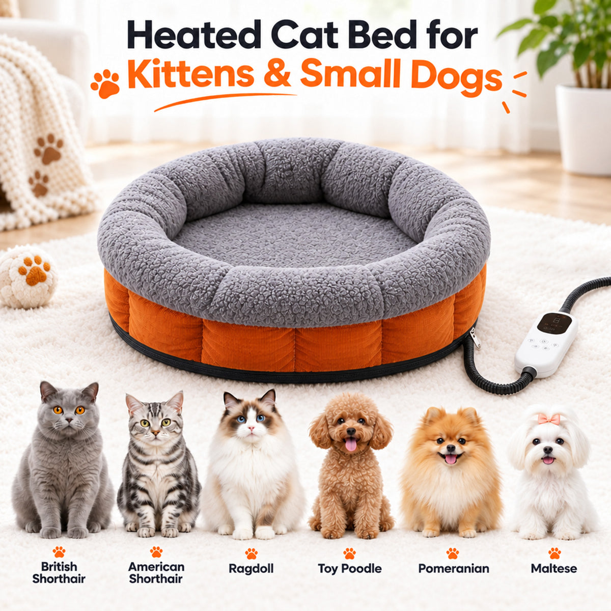 HUTACT Cat Heated Bed, 19.7" Winter Pet Bed with 9-Level Adjustable Temperature Electric Heating Pad for Indoor Cats and Small Dogs