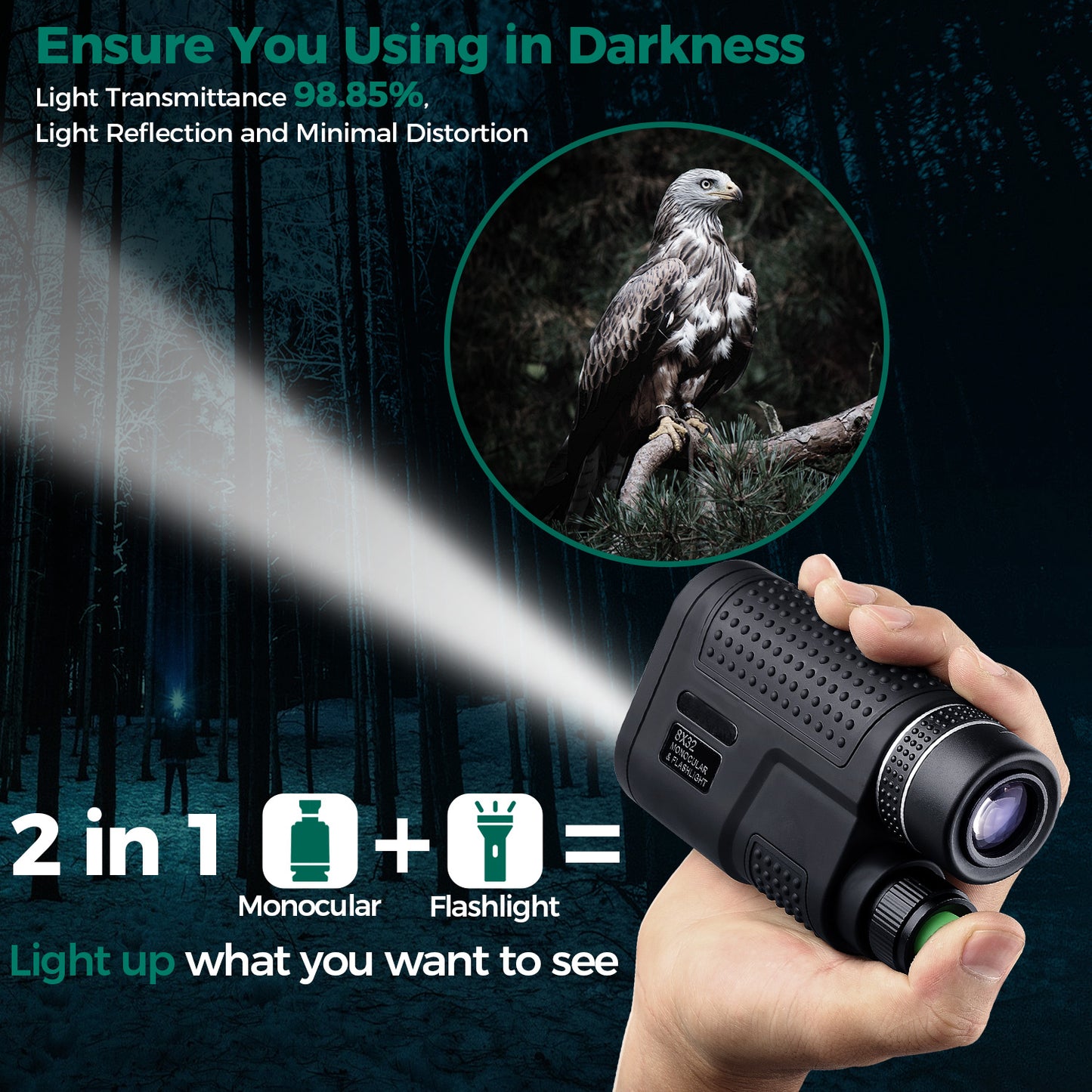 USCAMEL 8 x 32 Monocular Telescope Night Vision with Flashlight Function, BAK4 FMC Green Film Monocular Fits for Birding Hunting Concerts