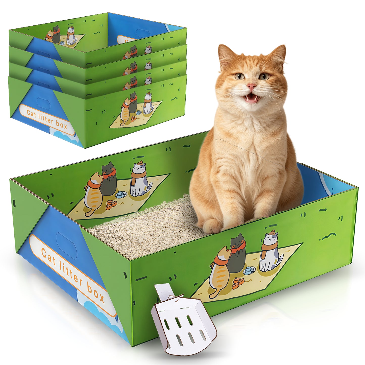 Hutact Disposable Cat Litter Box, 19.1" Extra Large Portable Litter Pan for Large Cats Foldable Litter Box Leak-Proof Cat Potty + 2 Litter Scoops for Travel Use