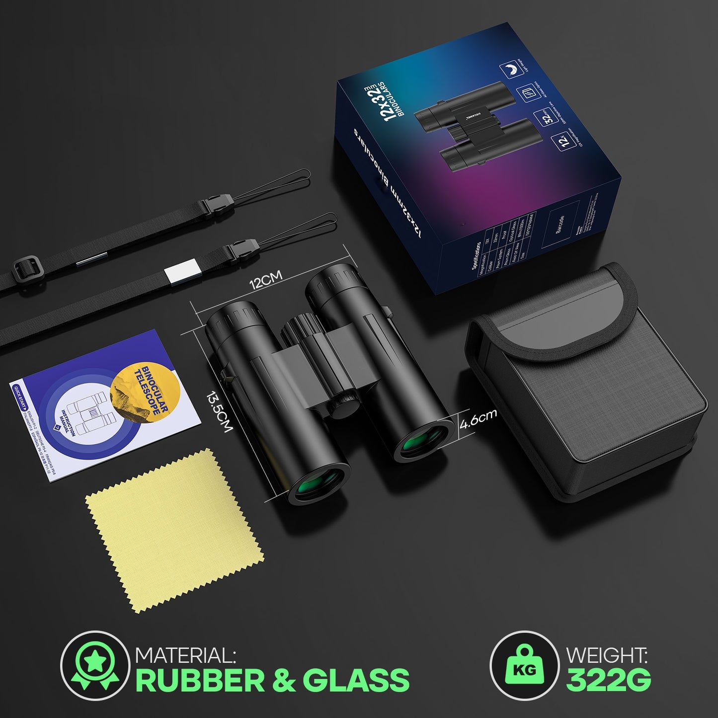 HUTACT Binoculars for Adults Kids, 12x32 Binoculars BAK4 FMC Compact Binoculars Waterproof Portable for Sport Game Watching, Bird Watching, Hunting