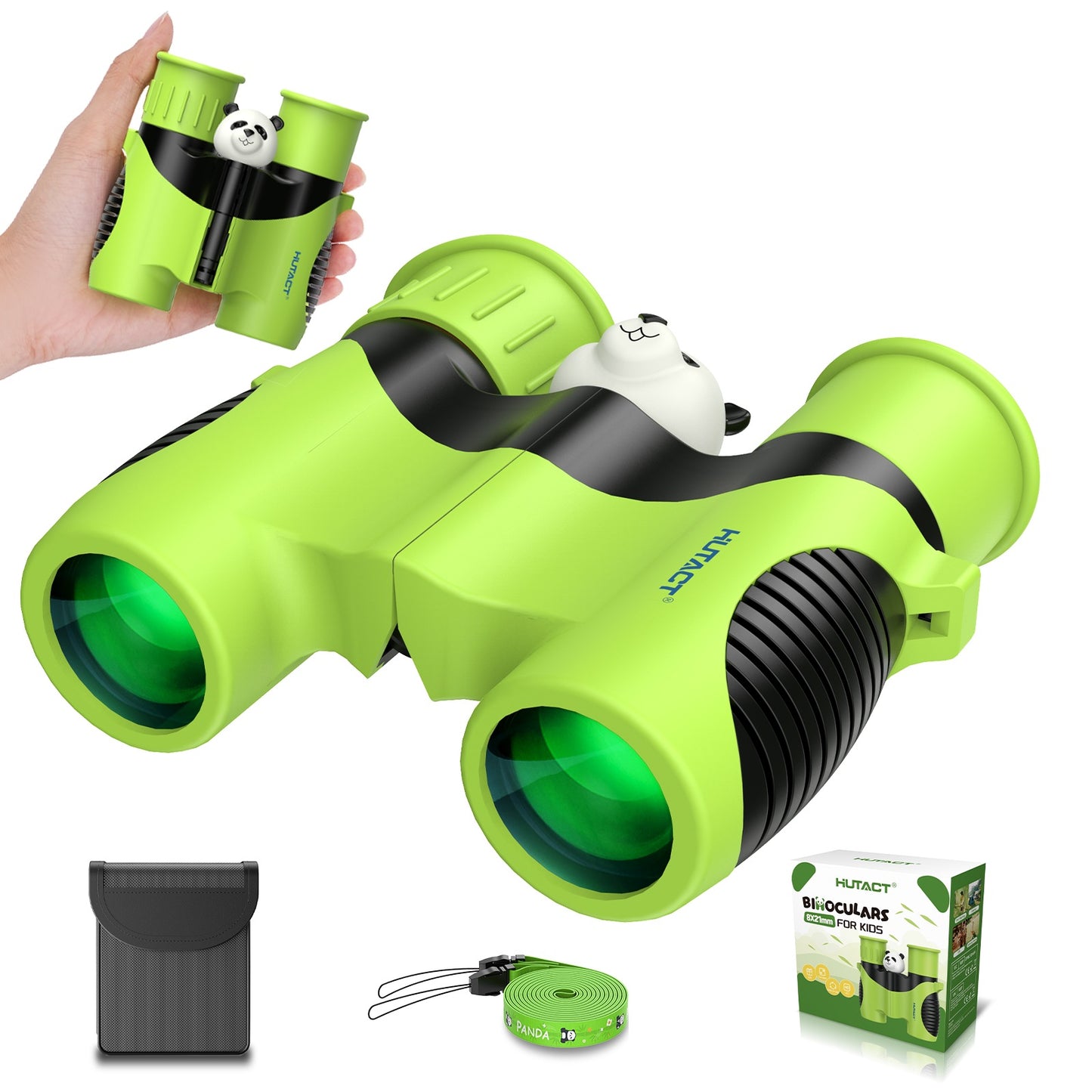 HUTACT Binoculars for Adults Kids, 8x Binoculars for Outdoor Bird Watching Camping, Compact Binoculars with Panda Design, Mini Pocket Binocualrs for Hunting Traveling Trip, Green