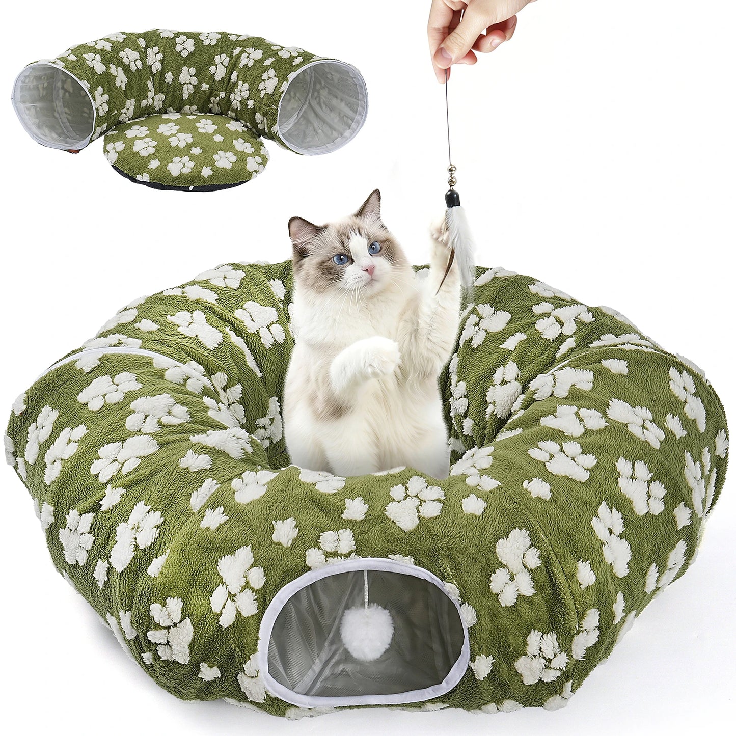Hutact Cat Tunnel Bed with Soft Cushion, 2-in-1 Pet Bed & Tunnel for Indoor Cats, 34" Soft Plush Peekaboo Cat Cave Donut Tunnel Playground Toys for Kittens, Green