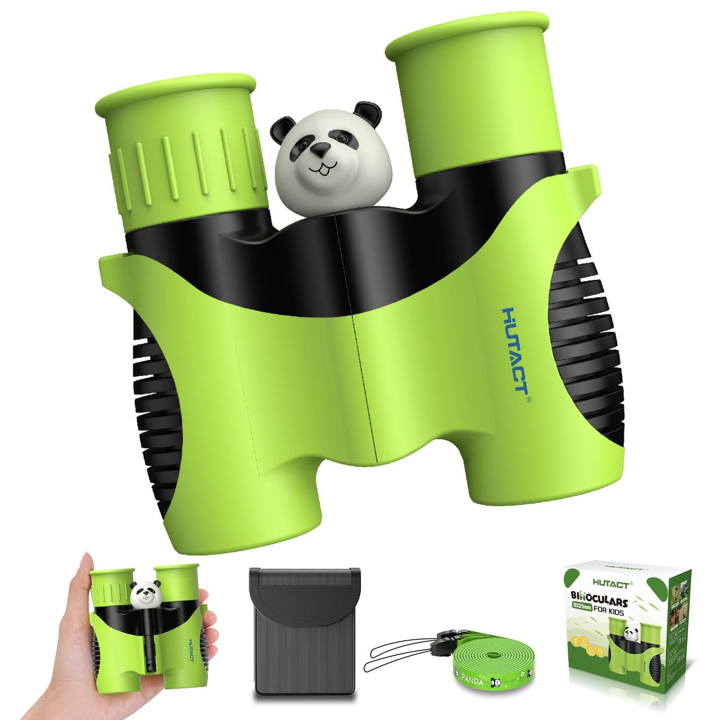 HUTACT Binoculars for Kids Adults, 8x Binoculars for Outdoor Bird Watching Camping, Compact Binoculars with Panda Design, Mini Pocket Binocualrs for Hunting Traveling Trip, Green