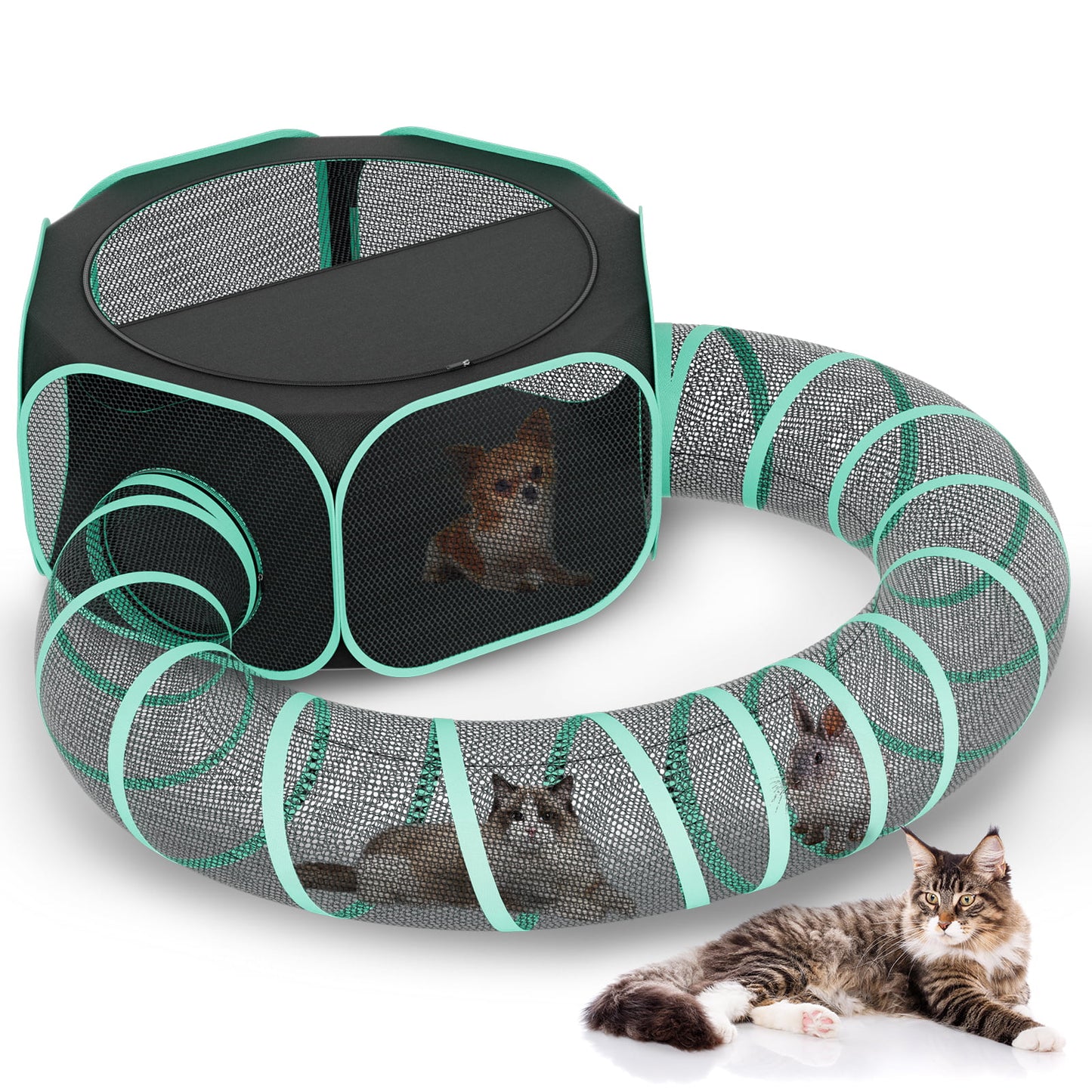 HUTACT Pet Playpen with Tunnel for Cats and Small Dogs 47" Portable Exercise Tent, Rabbit Playpen Foldable Indoor Outdoor Travel Use, Come with Carrying Case