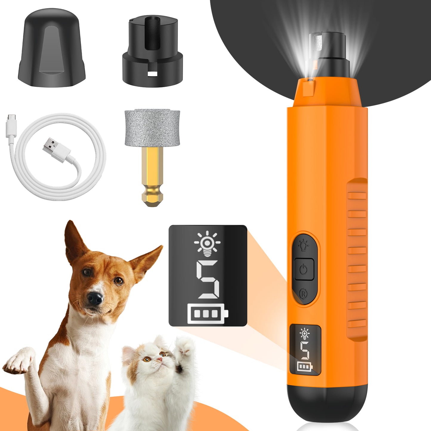 HUTACT Pet Nail Grinder for Dogs Cats, Dog Nail Grinder 5 Speeds w/ LED Light 1200mAh Rechargeable Trimmer Nail Grooming Clipper
