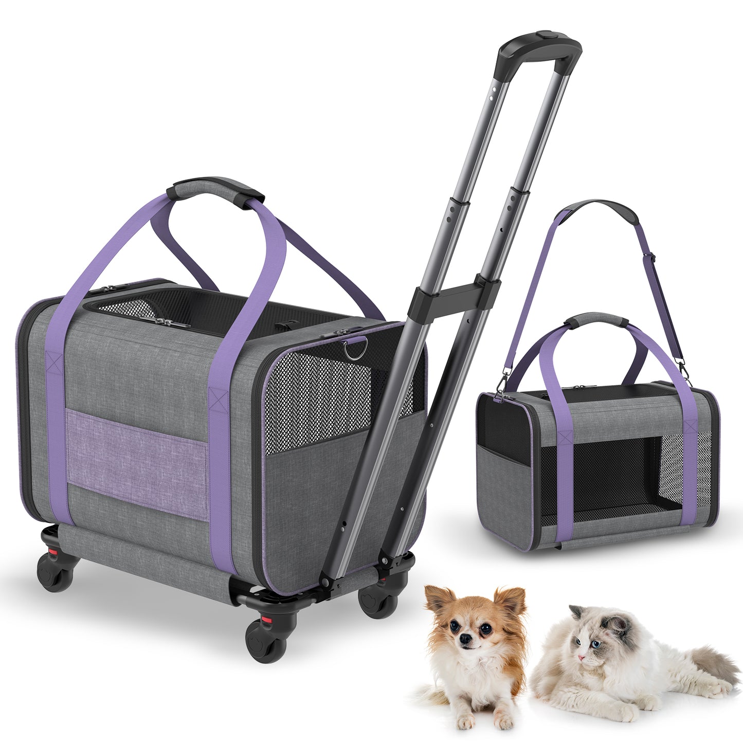 Hutact Rolling Cat Carrier with Wheels, Purple Pet Travel Trolley for Cats & Small Dogs, Airline Approved Cat Carrier Bag with Telescopic Handle for Outdoor Use