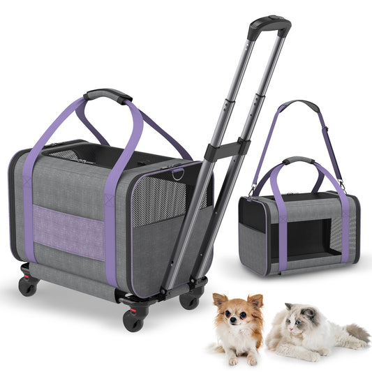 Hutact Rolling Cat Carrier with Wheels, Purple Pet Travel Trolley for Cats & Small Dogs, Airline Approved Cat Carrier Bag with Telescopic Handle for Outdoor Use