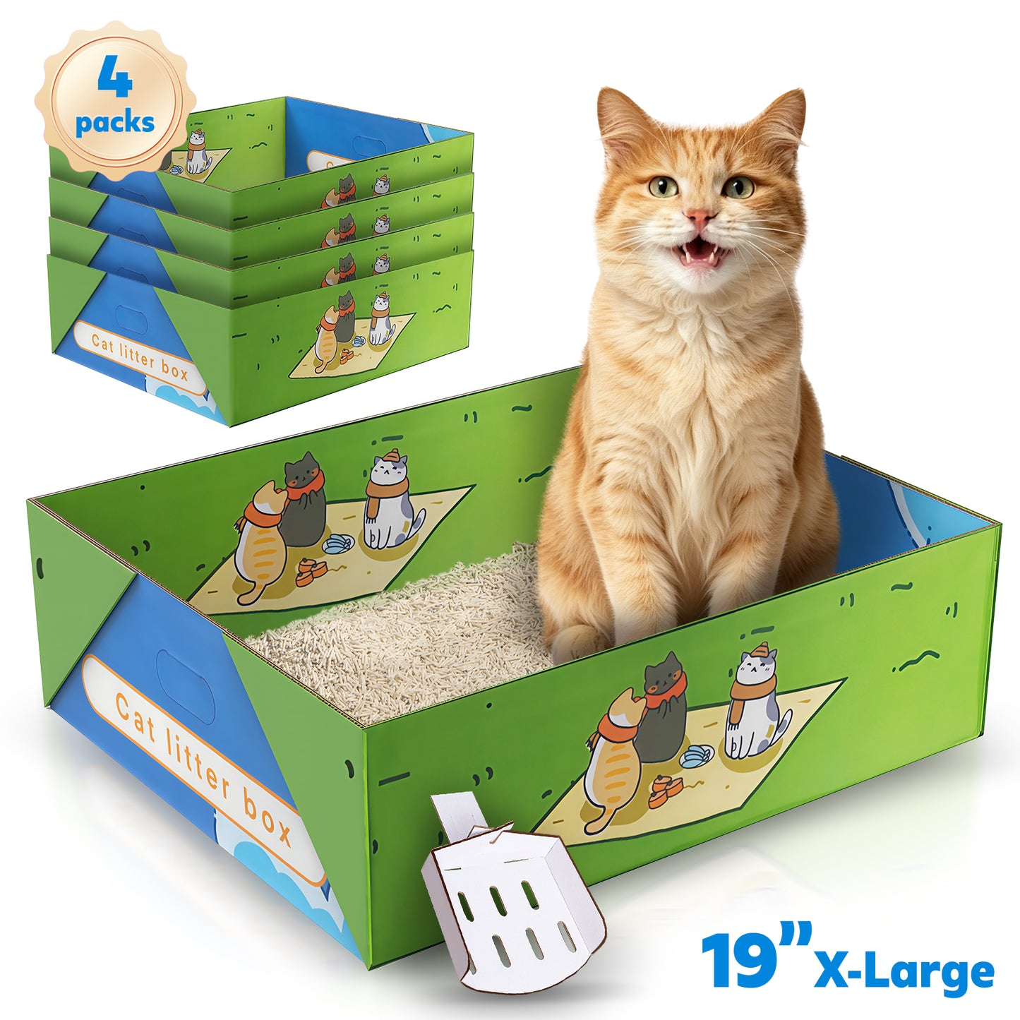 Hutact Disposable Cat Litter Box, 19.1" Extra Large Portable Litter Pan for Large Cats Foldable Litter Box Leak-Proof Cat Potty + 2 Litter Scoops for Travel Use