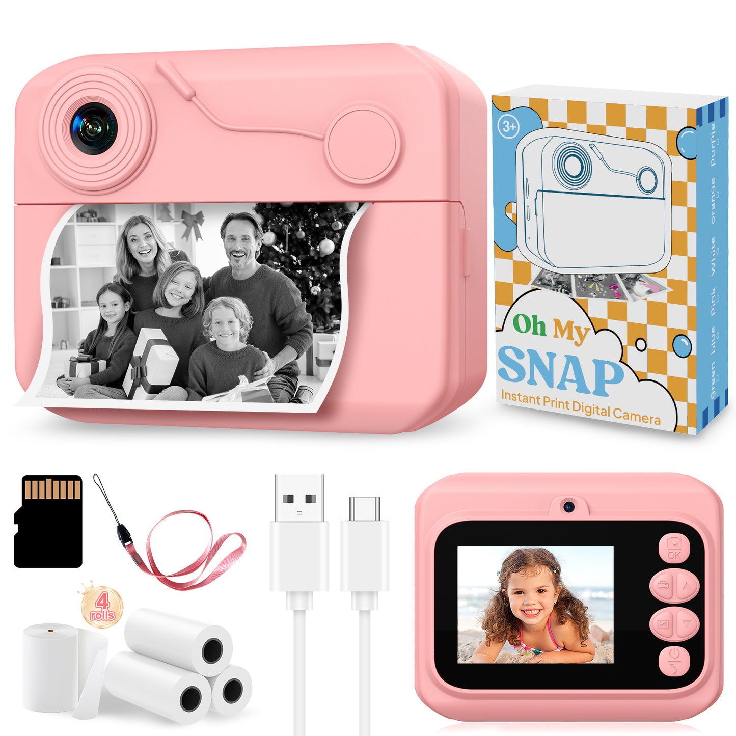 USCAMEL Kids Camera Instant Print, Mobile Compatible 2.4in Digital Camera with Print Paper, Photo Video, Selfie Dual Camera Portable Travel Camera Toys for Boys & Girls Gift