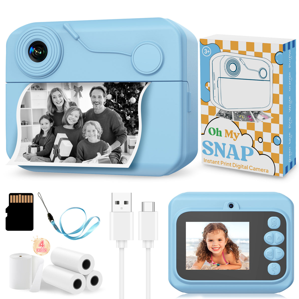 USCAMEL Kids Camera Instant Print, Mobile Compatible 2.4in Digital Camera with Print Paper, Photo Video, Selfie Dual Camera Portable Travel Camera Toys for Boys & Girls Gift