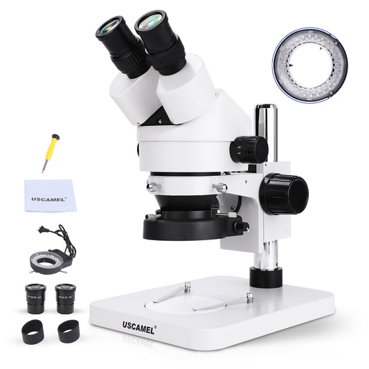 USCAMEL Binocular Stereo Microscope, Professional Microscope WF10x Eyepieces 7X-45X Magnification, 0.7X-4.5X zoom objective, LED Lighting, Pillar Stand