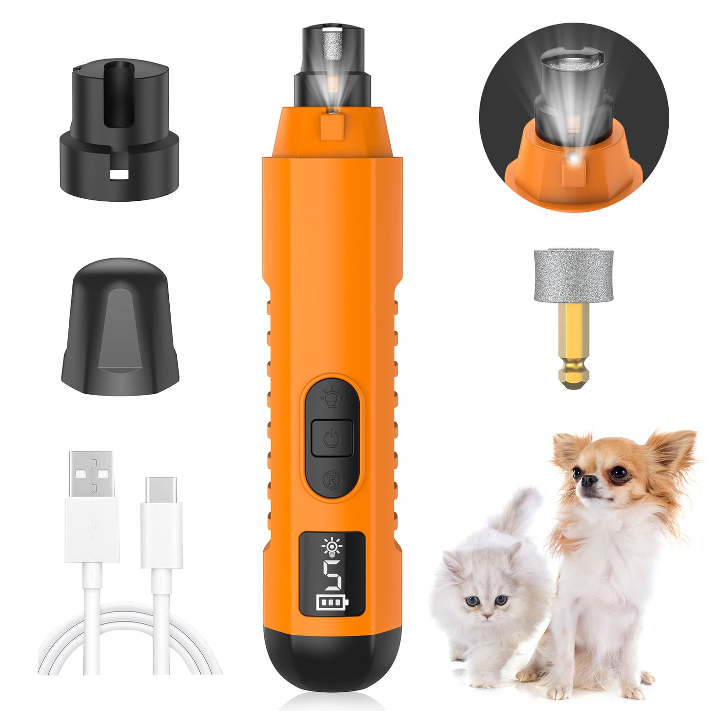 HUTACT Pet Nail Grinder for Dogs Cats, Dog Nail Grinder 5 Speeds w/ LED Light 1200mAh Rechargeable Trimmer Nail Grooming Clipper