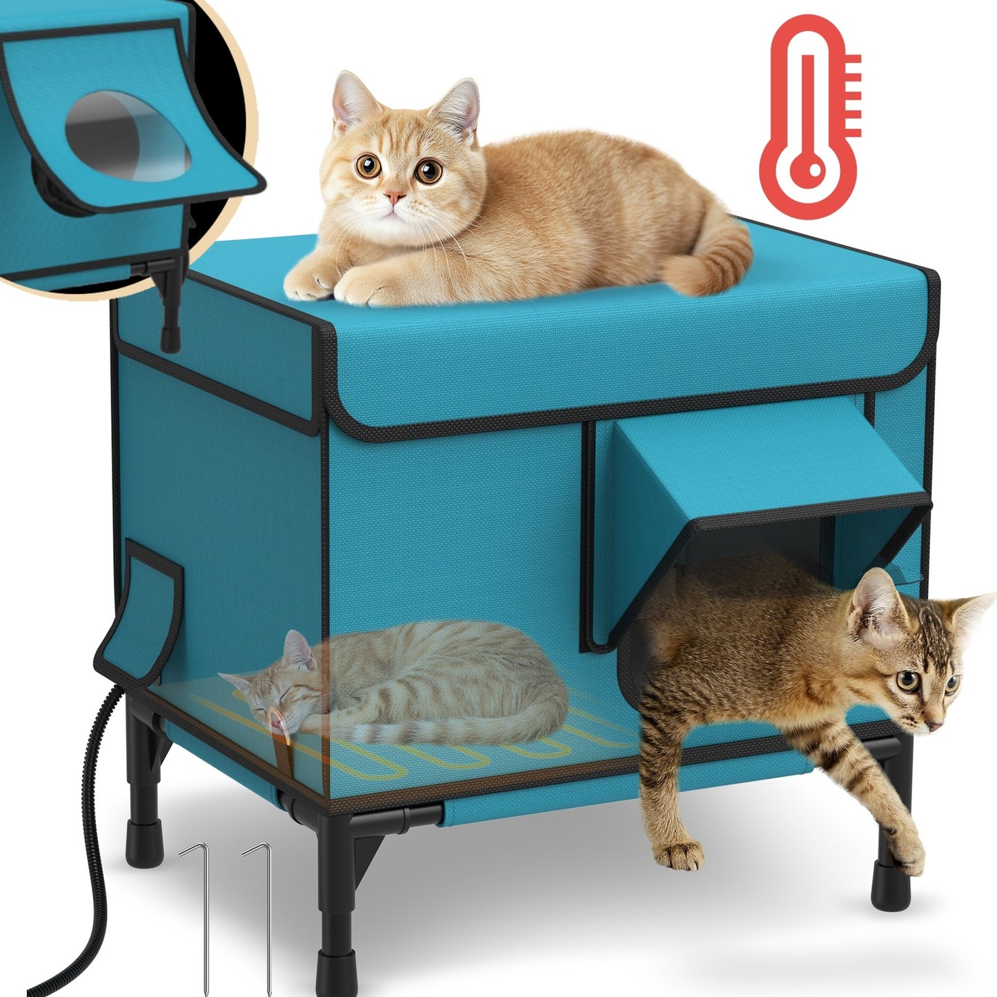 HUTACT Winter Heated Cat House Heated Pad for Outdoor Use, Elevated Small Feral Cat House with Escape Door, Outdoor Indoor Cat Shelter with Chew-Proof Cord Circuit Protection