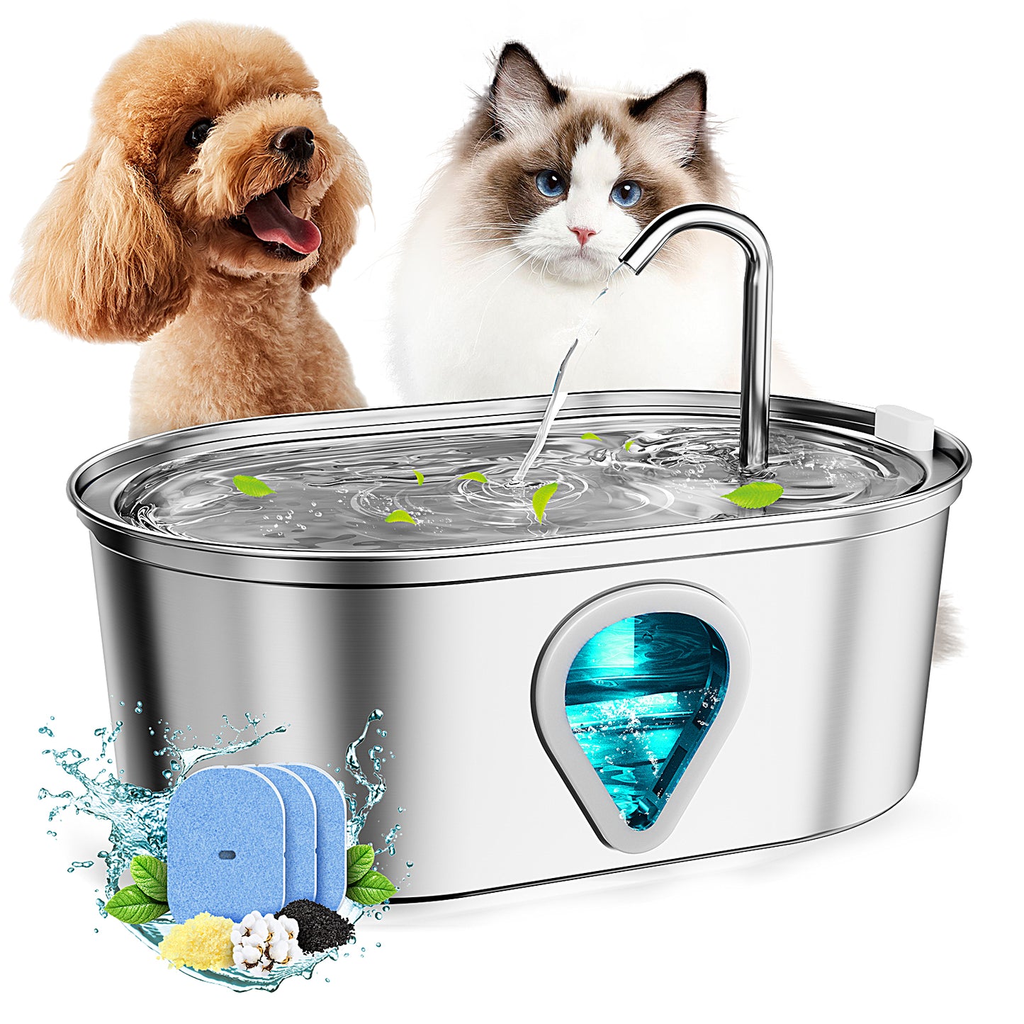 Cat Water Fountain Stainless Steel, 3.2L/108oz Pet Water Fountain for Cats Dogs, Anti-Dry Burning, 3 Filters