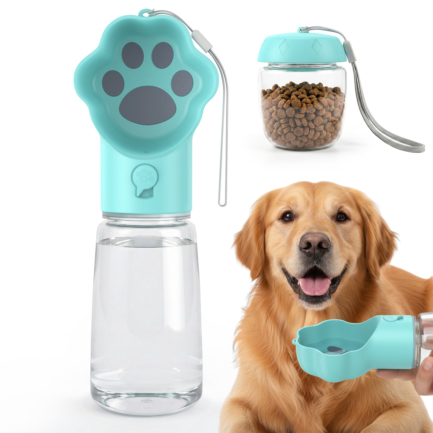 Hutact Dog Water Bottle with Food Container, 18.6oz Pet Dispenser Cup, Detachable 5.7oz Food Container, Portable Leak-Proof Water Bottle with Lock