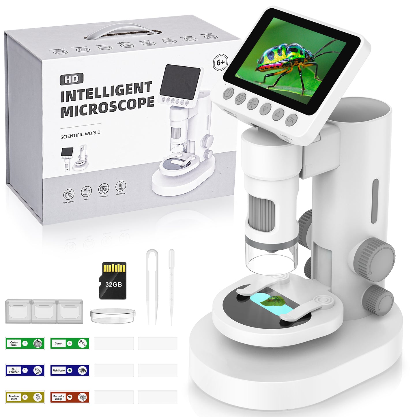 HUTACT Digital Microscope with 3.5” LCD Screen, Microscope for Kids & Adults, 1000X Microscope with Detachable Stand LED Lights, PC Compatible, 10MP HD Imaging, Microscope Kit with Slides