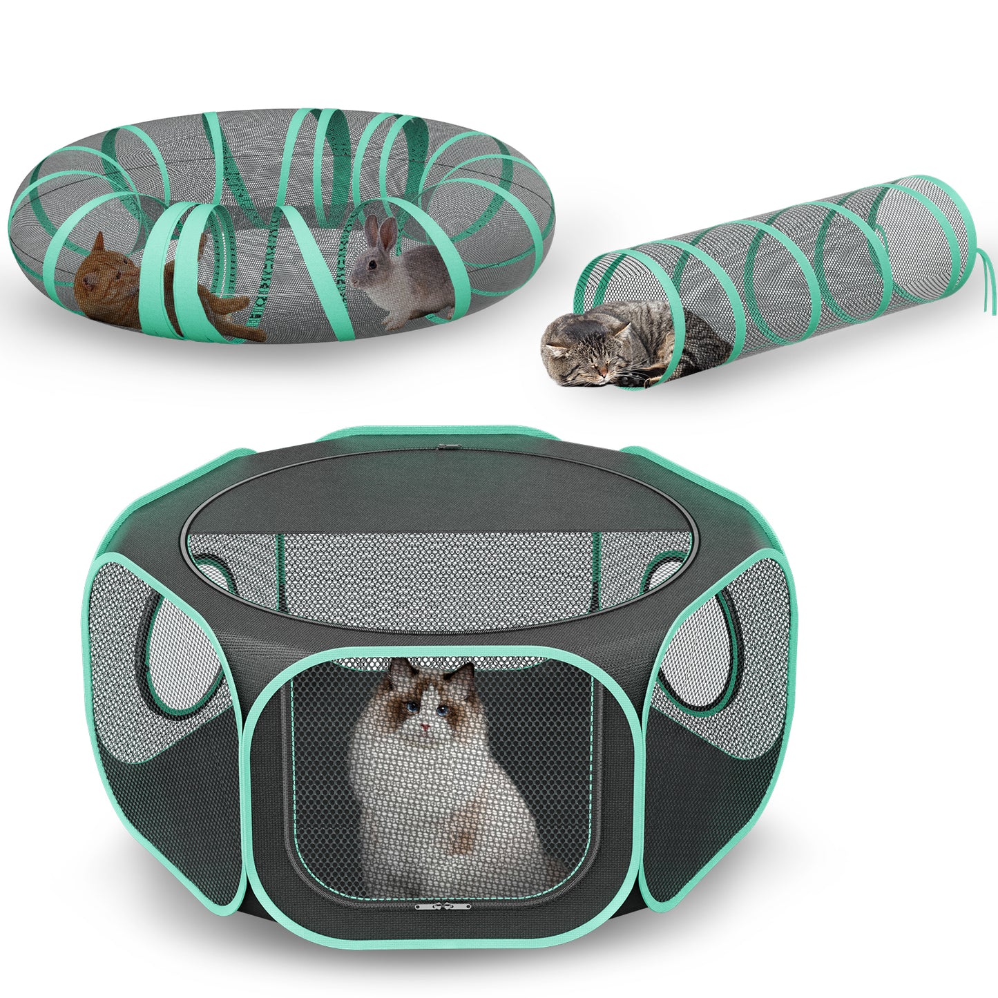HUTACT Pet Playpen with Tunnel for Cats and Small Dogs 47" Portable Exercise Tent, Rabbit Playpen Foldable Indoor Outdoor Travel Use, Come with Carrying Case
