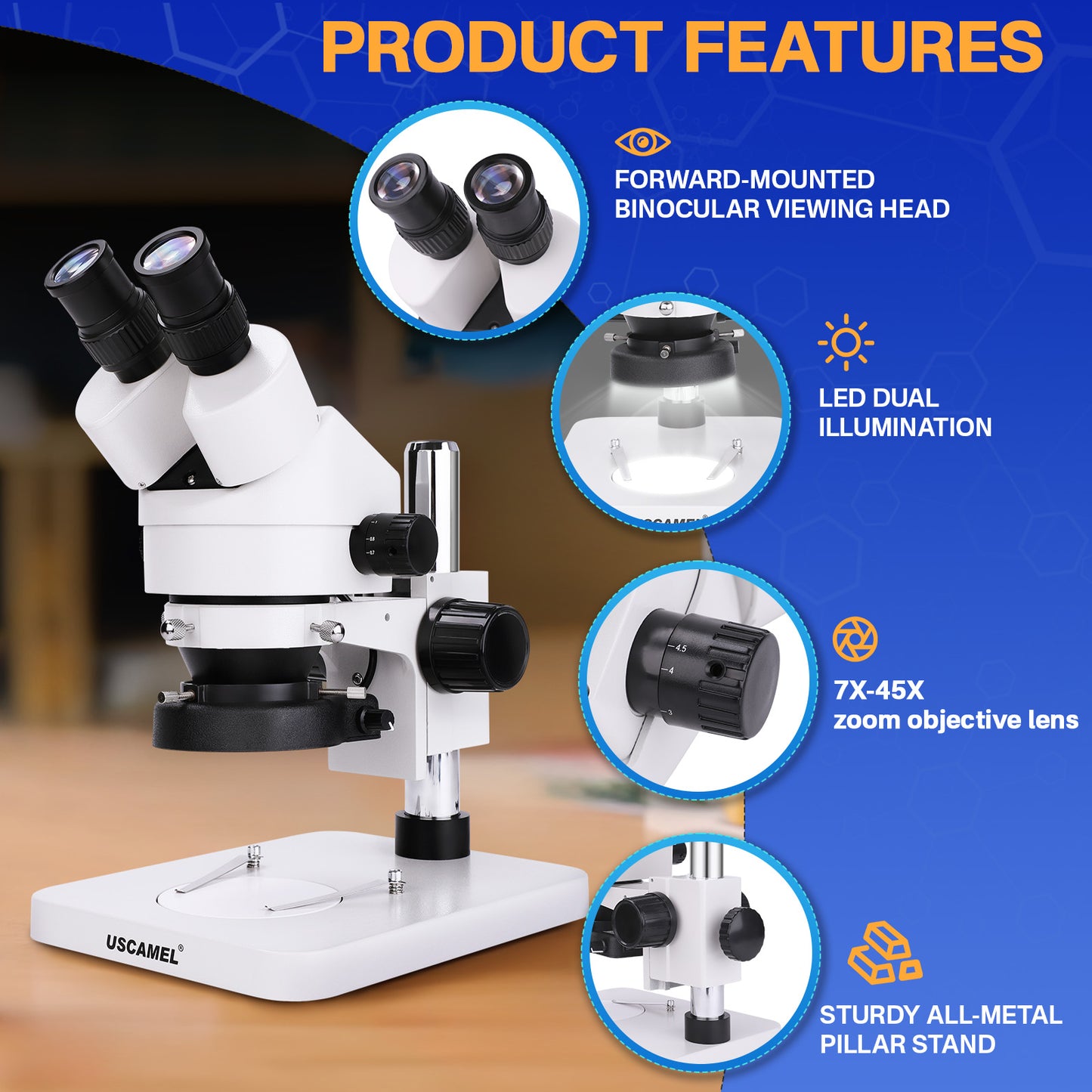 USCAMEL Binocular Stereo Microscope, Professional Microscope WF10x Eyepieces 7X-45X Magnification, 0.7X-4.5X zoom objective, LED Lighting, Pillar Stand