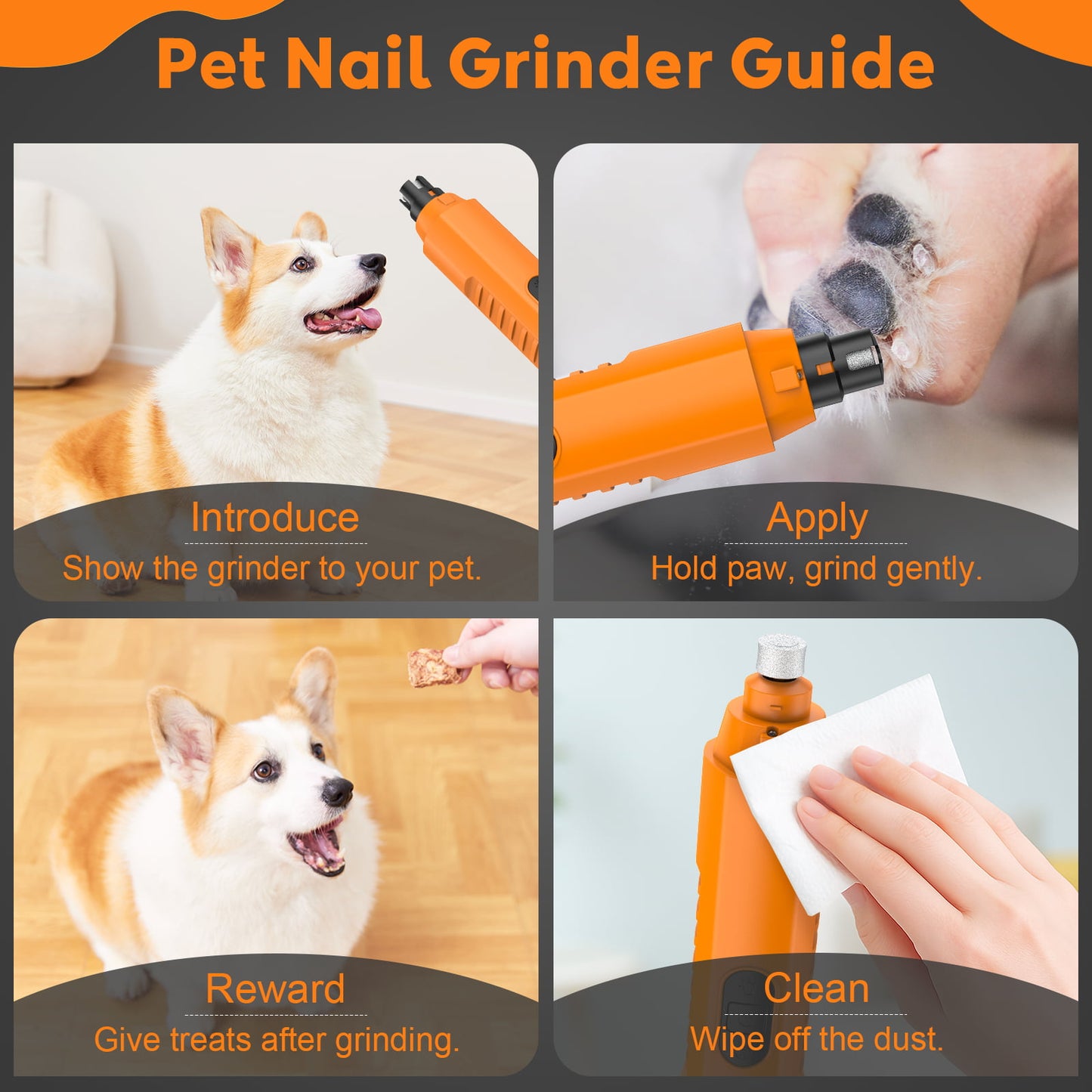 HUTACT Pet Nail Grinder for Dogs Cats, Dog Nail Grinder 5 Speeds w/ LED Light 1200mAh Rechargeable Trimmer Nail Grooming Clipper