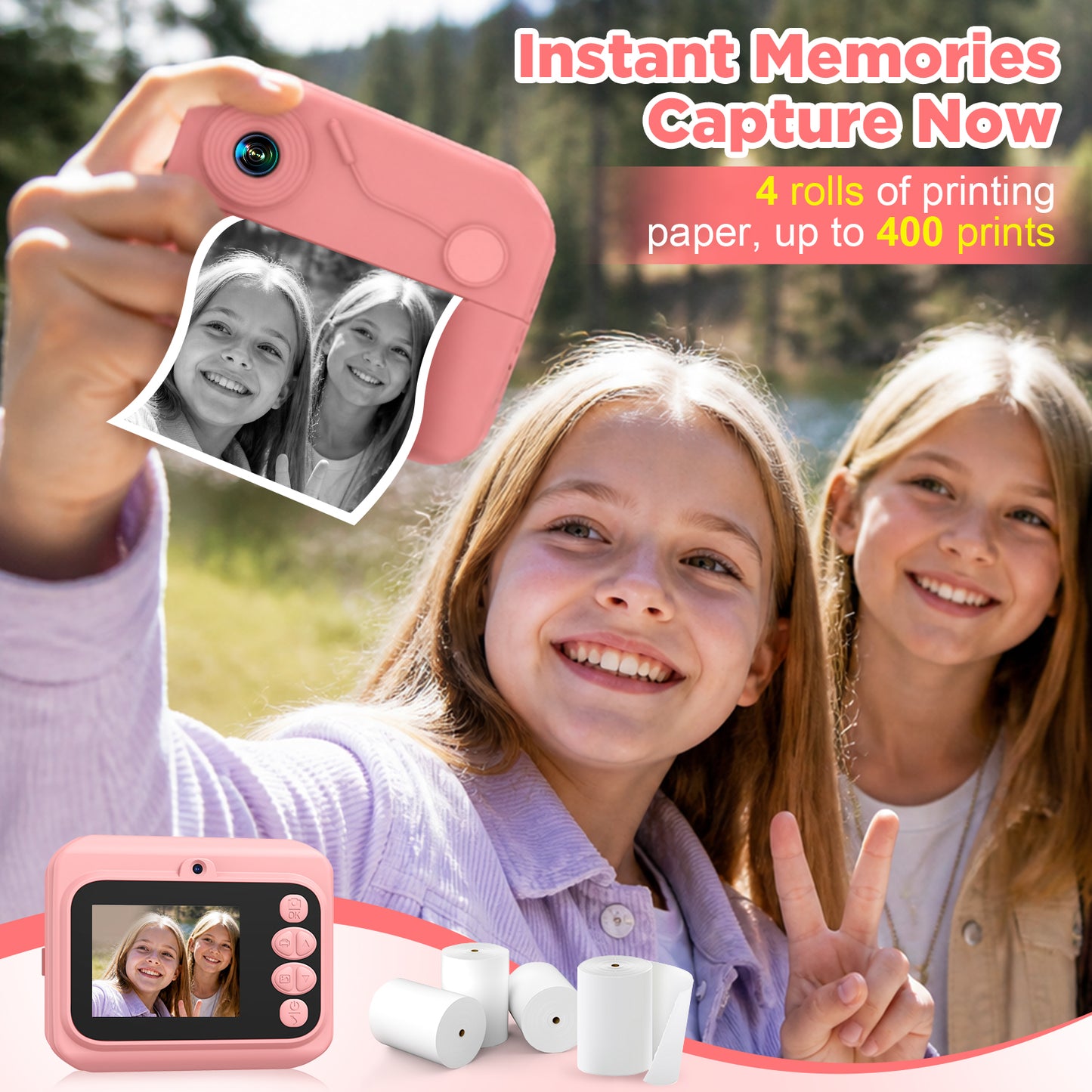 USCAMEL Kids Camera Instant Print, Mobile Compatible 2.4in Digital Camera with Print Paper, Photo Video, Selfie Dual Camera Portable Travel Camera Toys for Boys & Girls Gift