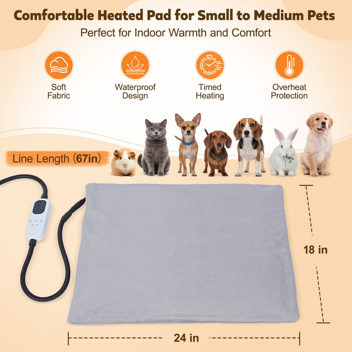 HUTACT Pet Heated Pad, 24" Winter Heating Pad for Dogs Cats, 9-Level Temp Control with Timer, Safe Heated Mat Overheat Protection & Chew-Proof Cord