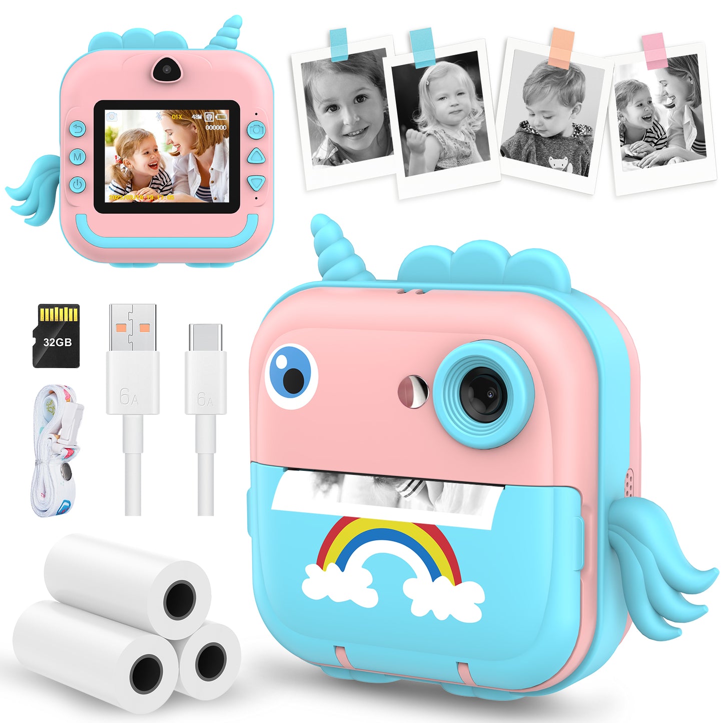 USCAMEL Kids Camera Instant Print, Mobile Compatible 2.4in Digital Camera with Print Paper, Photo Video, Selfie Dual Camera Portable Travel Camera Toys for Boys & Girls Gift