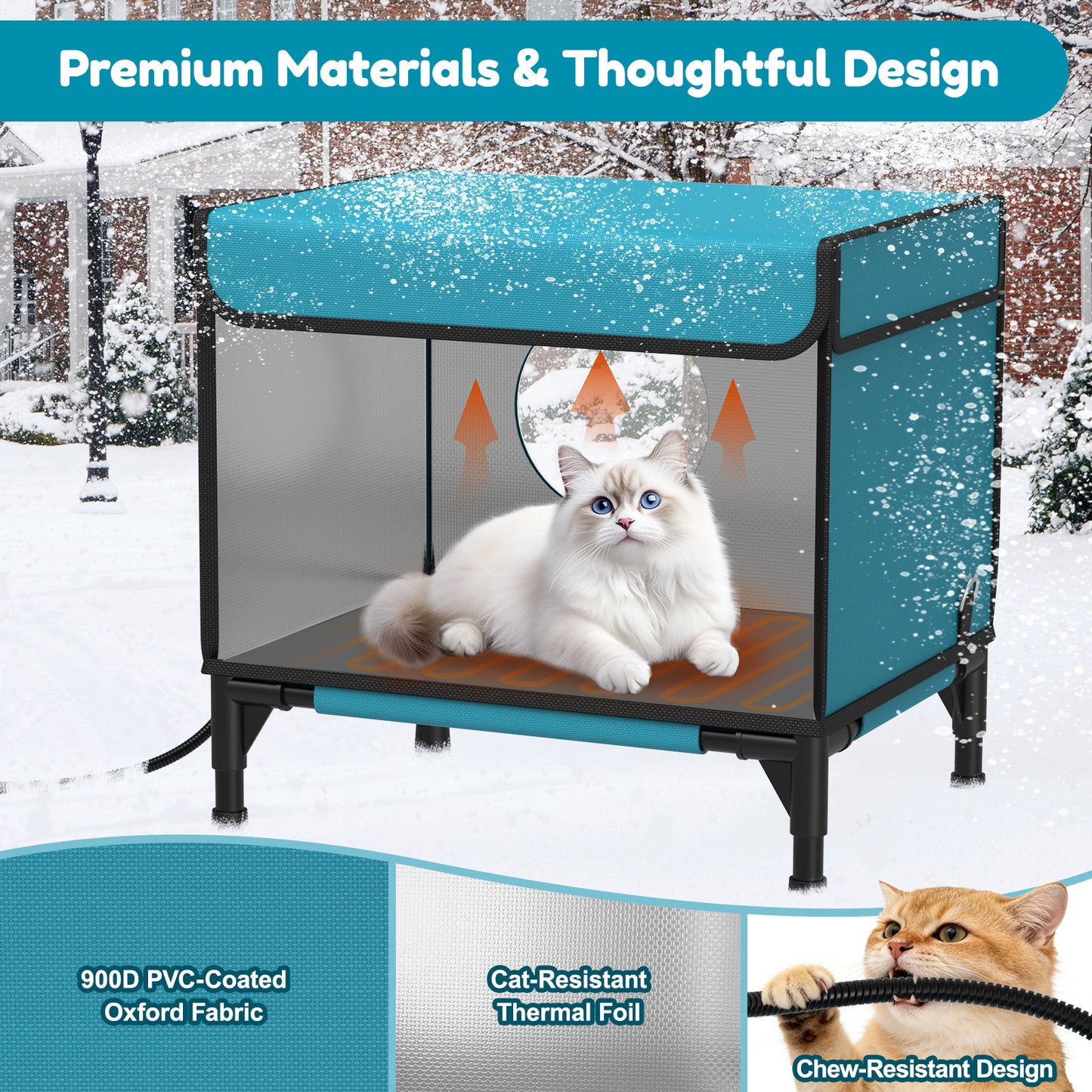 HUTACT Winter Heated Cat House Heated Pad for Outdoor Use, Elevated Small Feral Cat House with Escape Door, Outdoor Indoor Cat Shelter with Chew-Proof Cord Circuit Protection