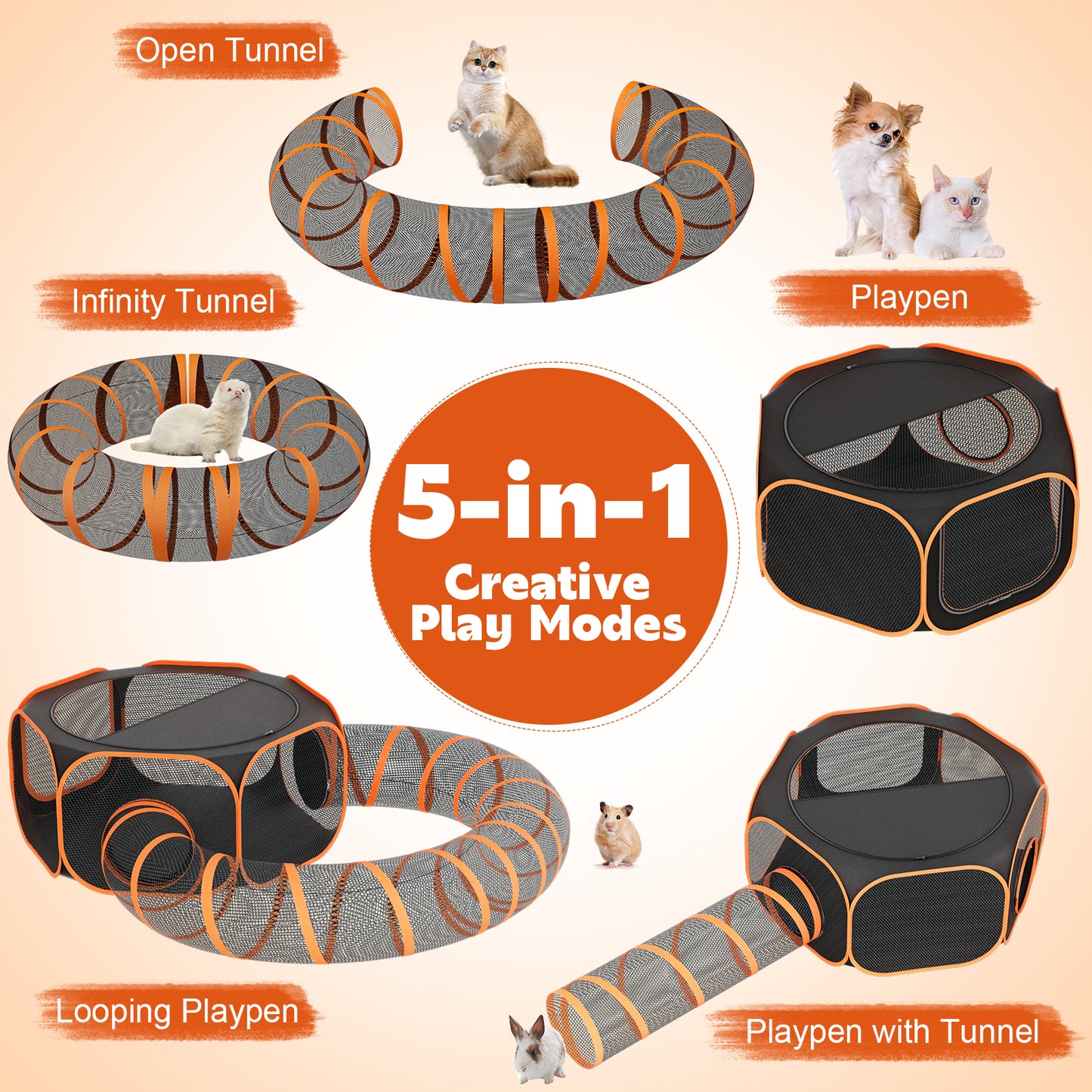 HUTACT Pet Playpen with Tunnel for Cats and Small Dogs 47" Portable Exercise Tent, Rabbit Playpen Foldable Indoor Outdoor Travel Use, Come with Carrying Case