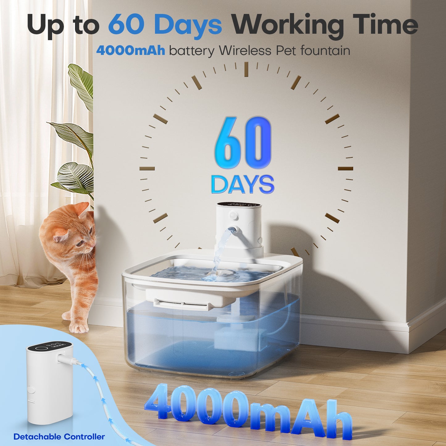 HUTACT Cats Water Fountain Wireless 3.2L Quiet Pet Water Fountain for Small Dog Cat, Stainless Tank 4000mAh 3 Modes Water Bowl, with 3 Filters Adapter, Detachable Motor