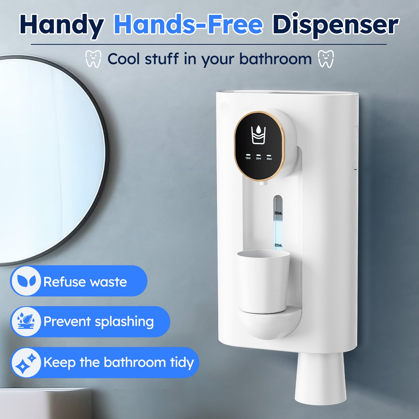 Automatic Mouthwash Dispenser for Bathroom 18.26 oz for Kids Adult w/ 2 Cups Wall-Mounted Mouth Wash Dispenser 1200mAh, White