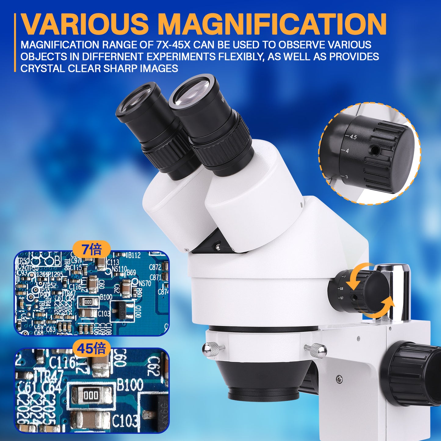 USCAMEL Binocular Stereo Microscope, Professional Microscope WF10x Eyepieces 7X-45X Magnification, 0.7X-4.5X zoom objective, LED Lighting, Pillar Stand