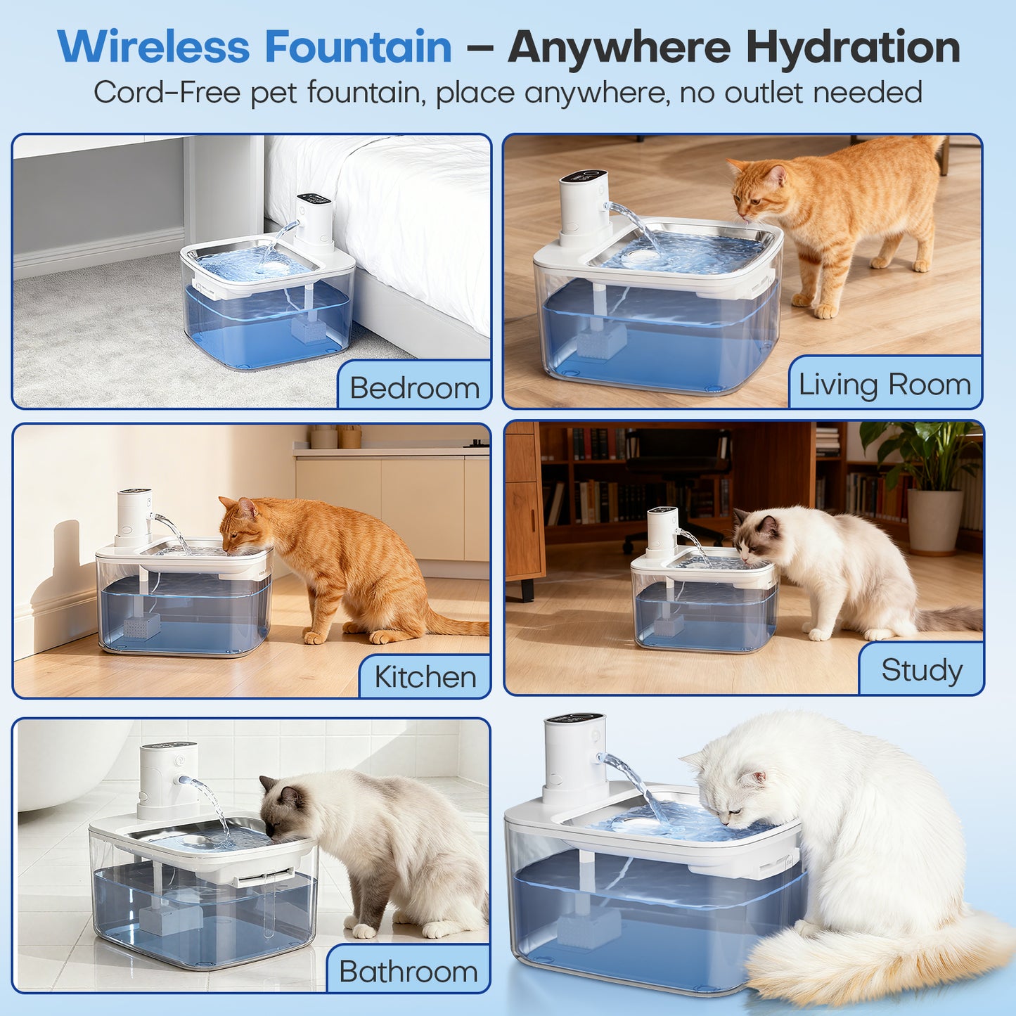 HUTACT Cats Water Fountain Wireless 3.2L Quiet Pet Water Fountain for Small Dog Cat, Stainless Tank 4000mAh 3 Modes Water Bowl, with 3 Filters Adapter, Detachable Motor