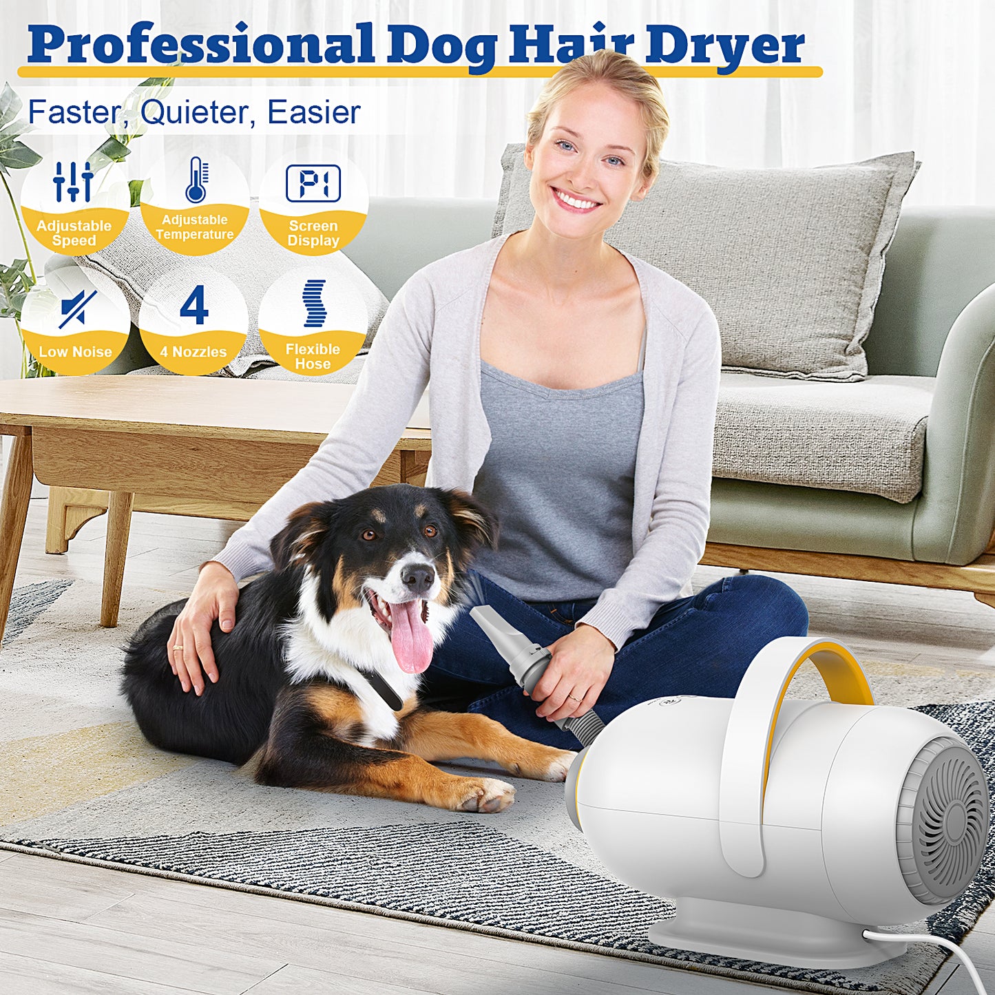 Dog Dryer Blower with Hot Air, 2800W Large Dog Blow Dryer, Pet Hair Force Dryer for Grooming, 7 Airflow Heating Setting Dog Blower w/4 Nozzles