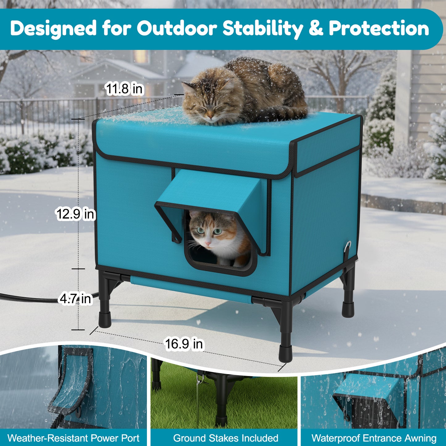 HUTACT Winter Heated Cat House Heated Pad for Outdoor Use, Elevated Small Feral Cat House with Escape Door, Outdoor Indoor Cat Shelter with Chew-Proof Cord Circuit Protection