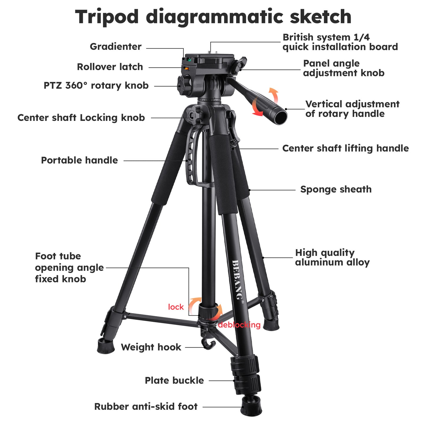 67" Camera Tripod, Portable and Flexible Tripod with Clip and Adapter, Porfessional Aluminum Tripod Stand for Mirrorless/DSLR/Phone/Camcorder/Spotting Scopes/Binoculars Telescope