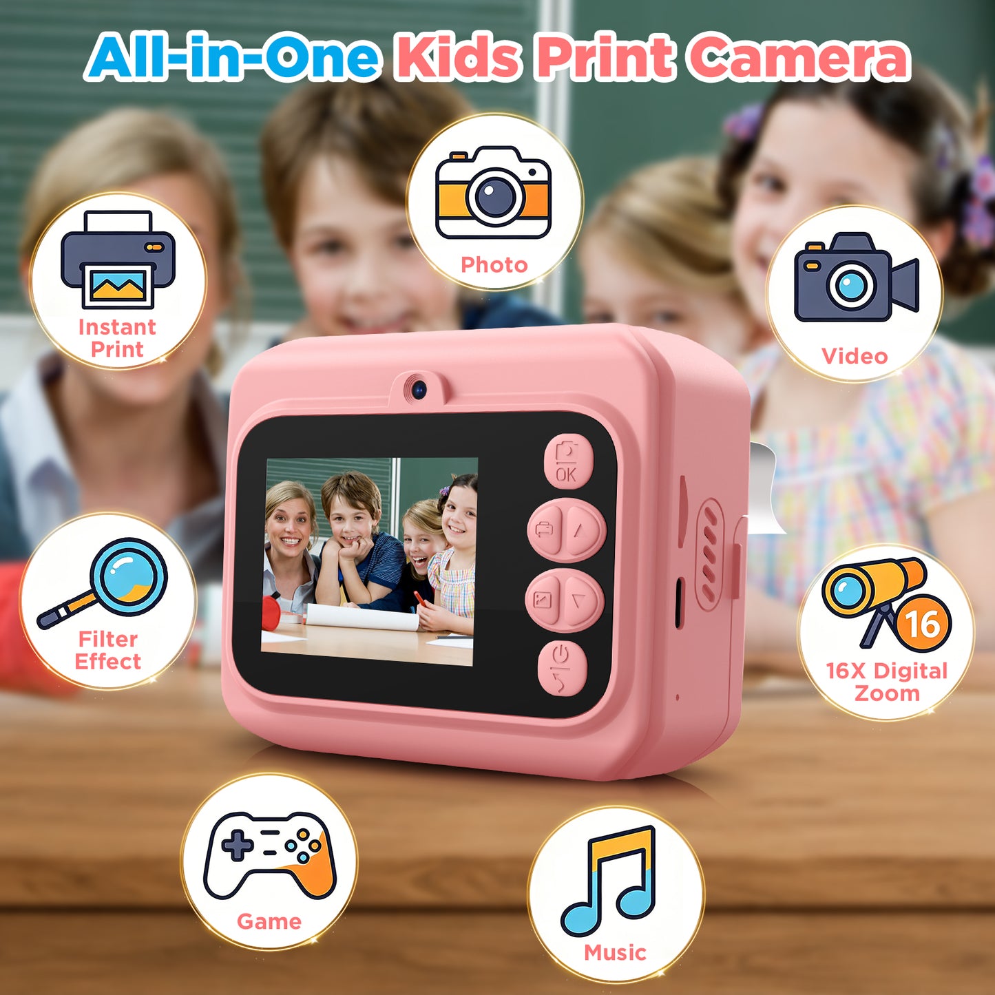USCAMEL Kids Camera Instant Print, Mobile Compatible 2.4in Digital Camera with Print Paper, Photo Video, Selfie Dual Camera Portable Travel Camera Toys for Boys & Girls Gift