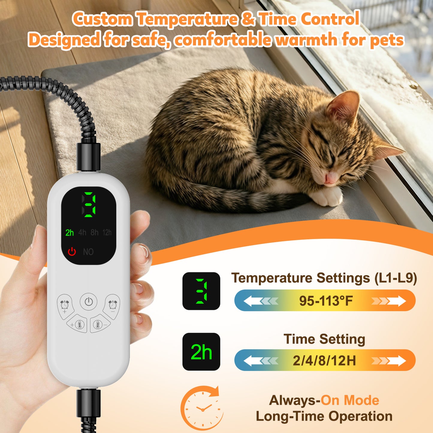 HUTACT Pet Heated Pad, 24" Winter Heating Pad for Dogs Cats, 9-Level Temp Control with Timer, Safe Heated Mat Overheat Protection & Chew-Proof Cord