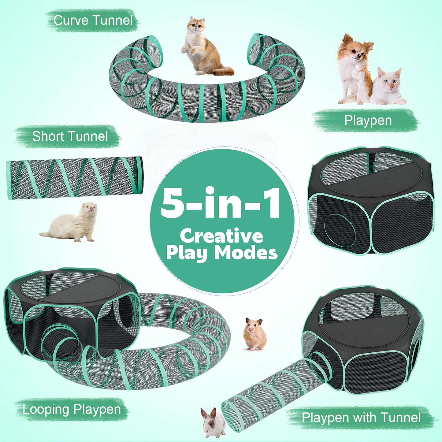 HUTACT Pet Playpen with Tunnel for Cats and Small Dogs 47" Portable Exercise Tent, Rabbit Playpen Foldable Indoor Outdoor Travel Use, Come with Carrying Case