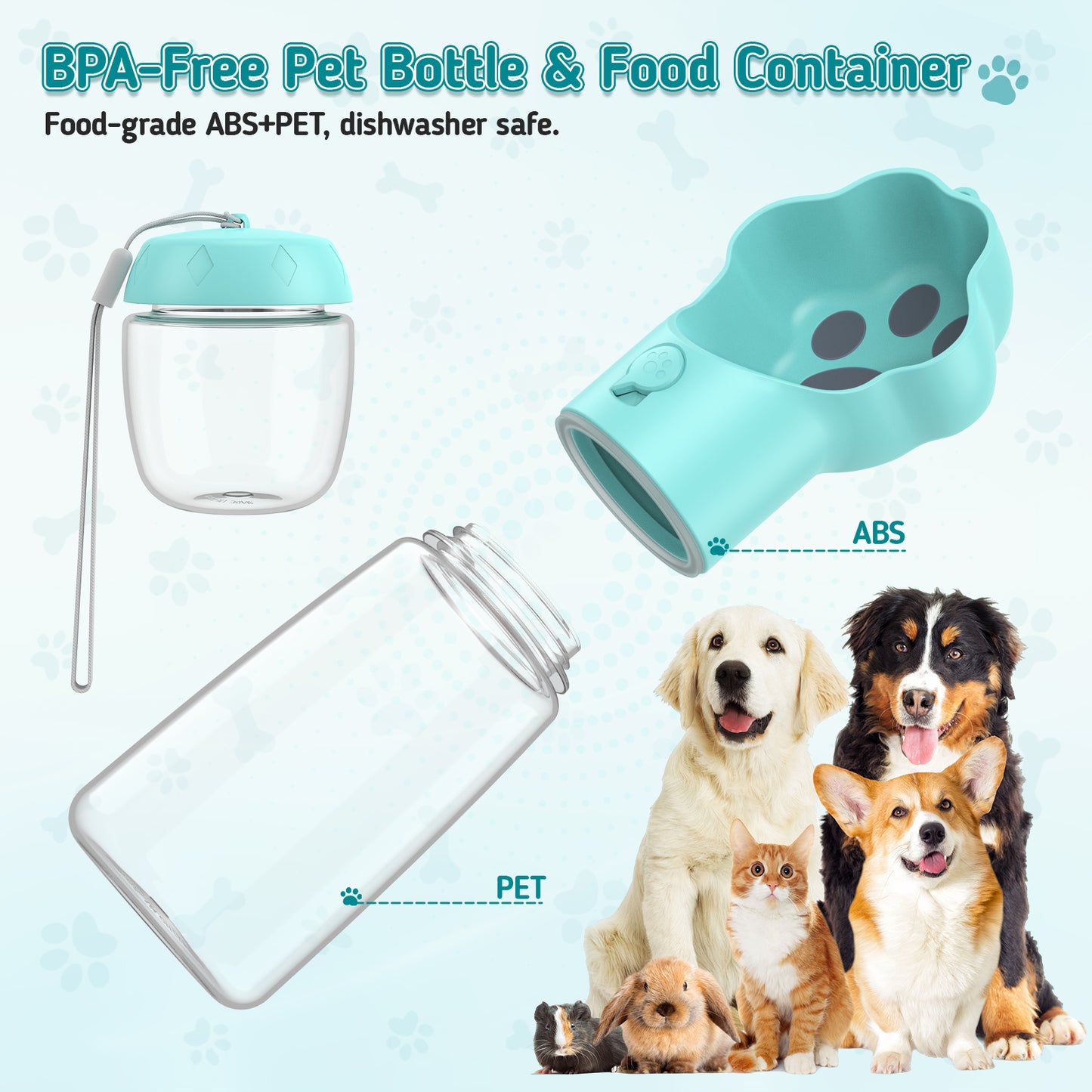 Hutact Dog Water Bottle with Food Container, 18.6oz Pet Dispenser Cup, Detachable 5.7oz Food Container, Portable Leak-Proof Water Bottle with Lock